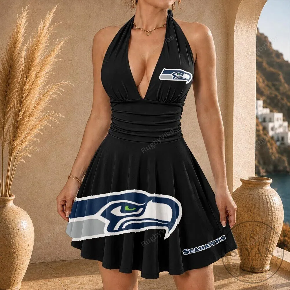 Seattle Seahawks Football Team Logo Black Halter Neck Dress