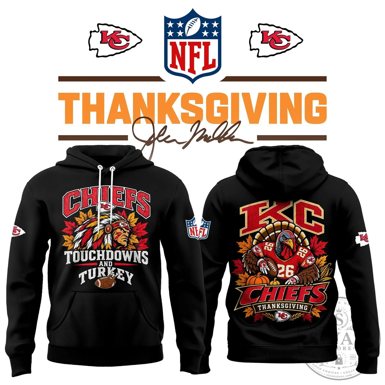 Kansas City Chiefs Thanksgiving Game Day Touchdowns and Turkey Hoodie
