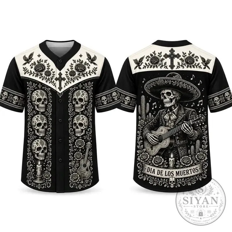 Day of the Dead Mariachi Skeleton Playing Guitar Baseball Jersey 36 Day of the Dead Mariachi Skeleton Playing Guitar Baseball Jersey