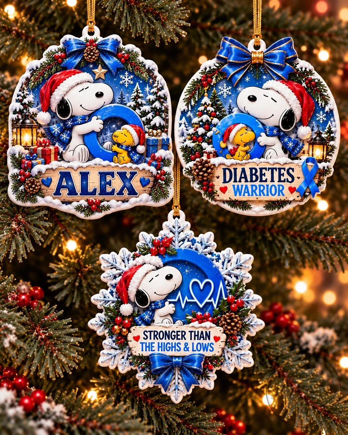 Snoopy Christmas Diabetes Awareness Warrior Personalized Holiday Ornament