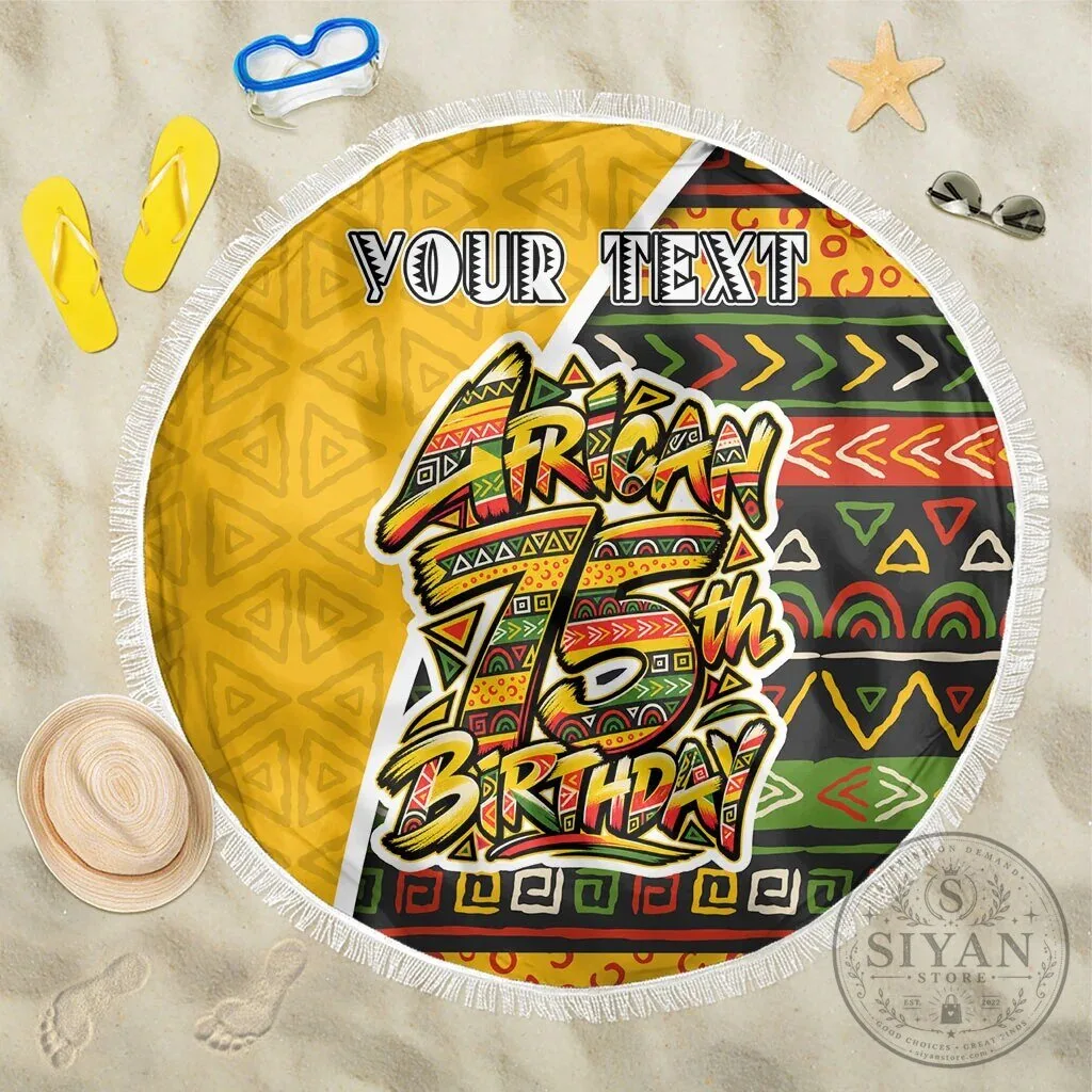 Personalized African 75th Birthday Beach Blanket with Tribal Geometric Pattern