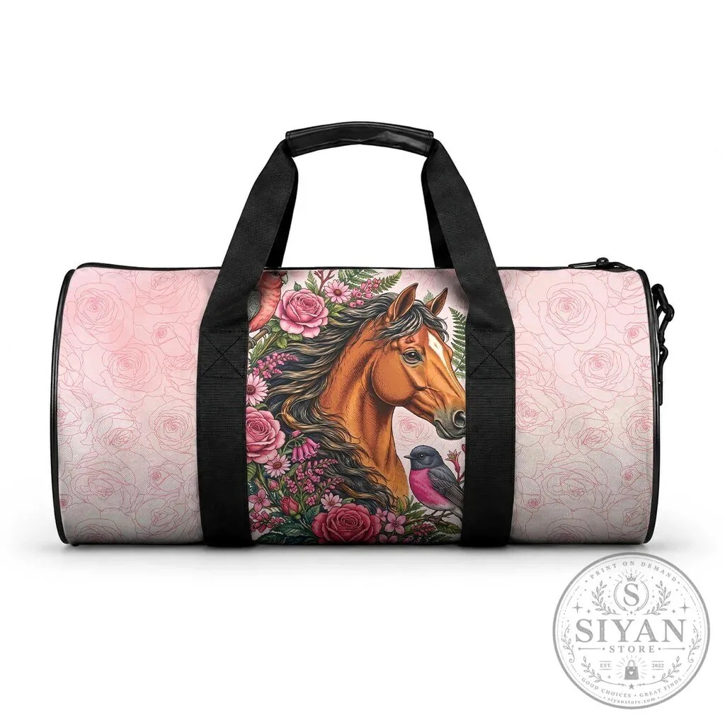 Elegant Horse and Pink Rose Floral Duffle Bag with Bird Design