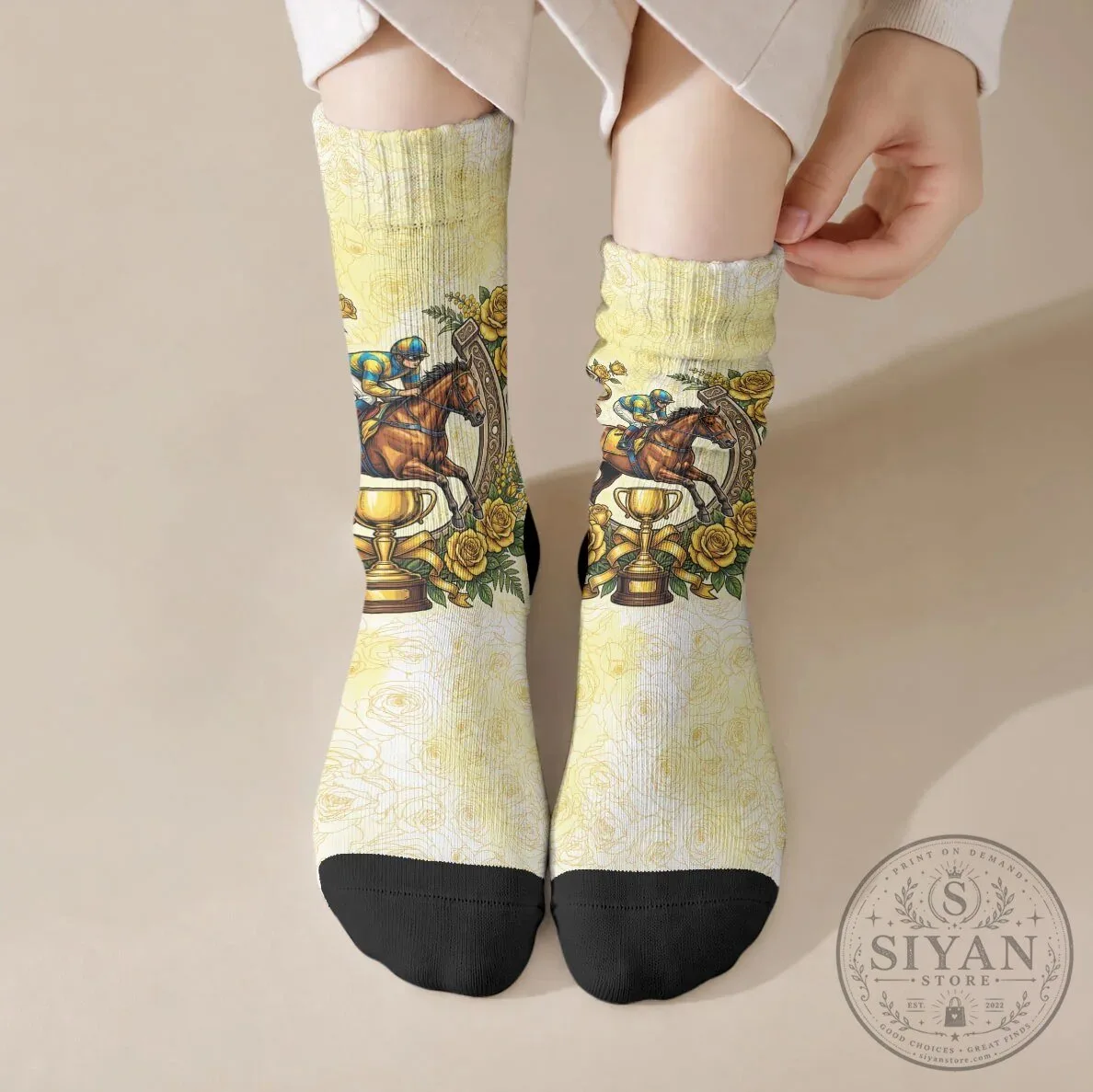 Melbourne Horse Racing Jockey and Horseshoe Yellow Rose Floral Crew Socks
