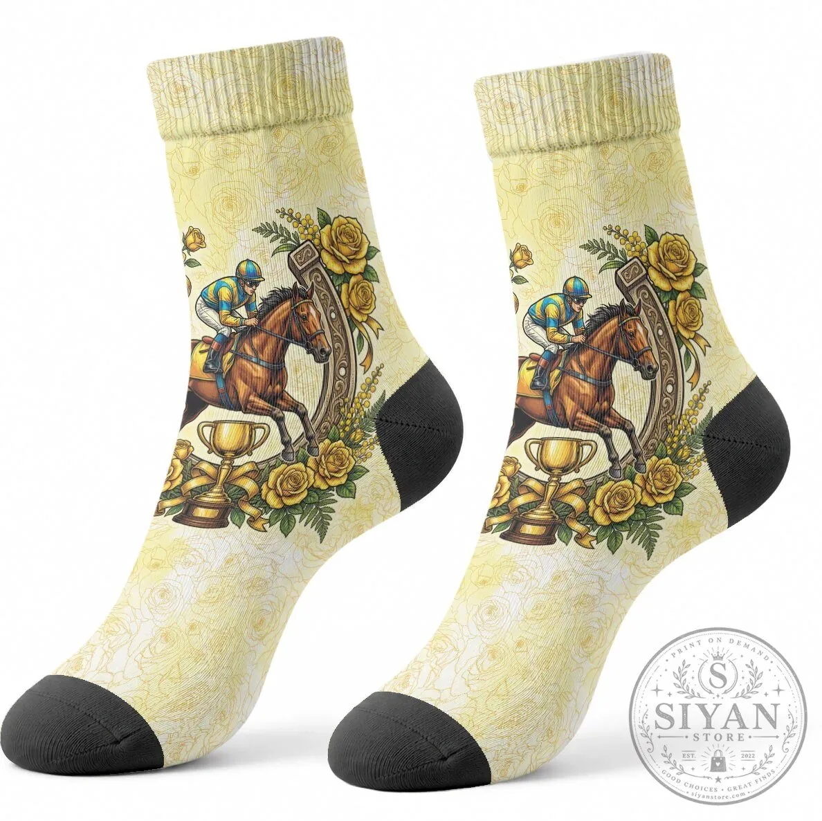Melbourne Horse Racing Jockey and Horseshoe Yellow Rose Floral Crew Socks 8 Melbourne Horse Racing Jockey and Horseshoe Yellow Rose Floral Crew Socks