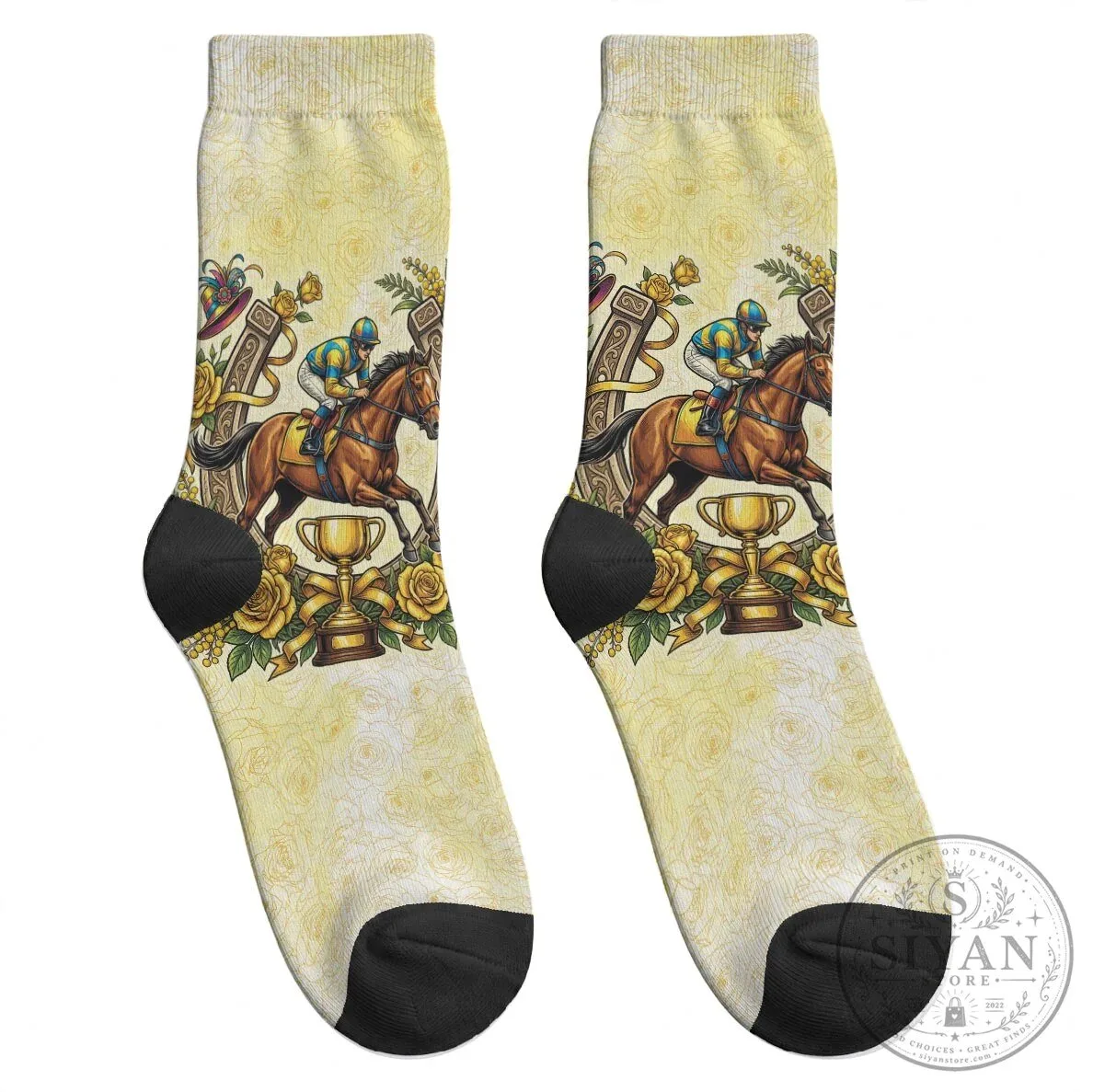 Melbourne Horse Racing Jockey and Horseshoe Yellow Rose Floral Crew Socks 9 Melbourne Horse Racing Jockey and Horseshoe Yellow Rose Floral Crew Socks