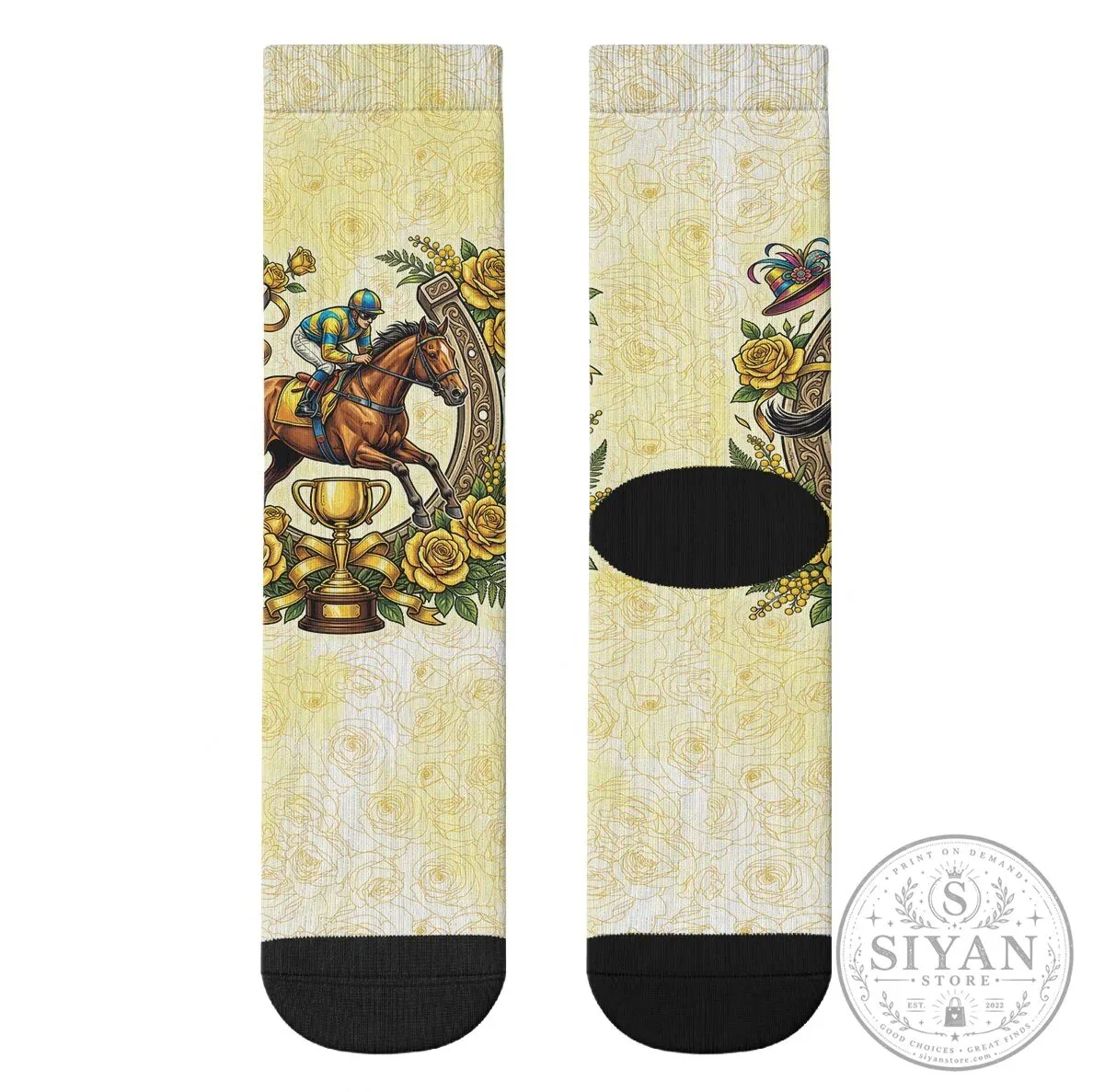 Melbourne Horse Racing Jockey and Horseshoe Yellow Rose Floral Crew Socks 11 Melbourne Horse Racing Jockey and Horseshoe Yellow Rose Floral Crew Socks