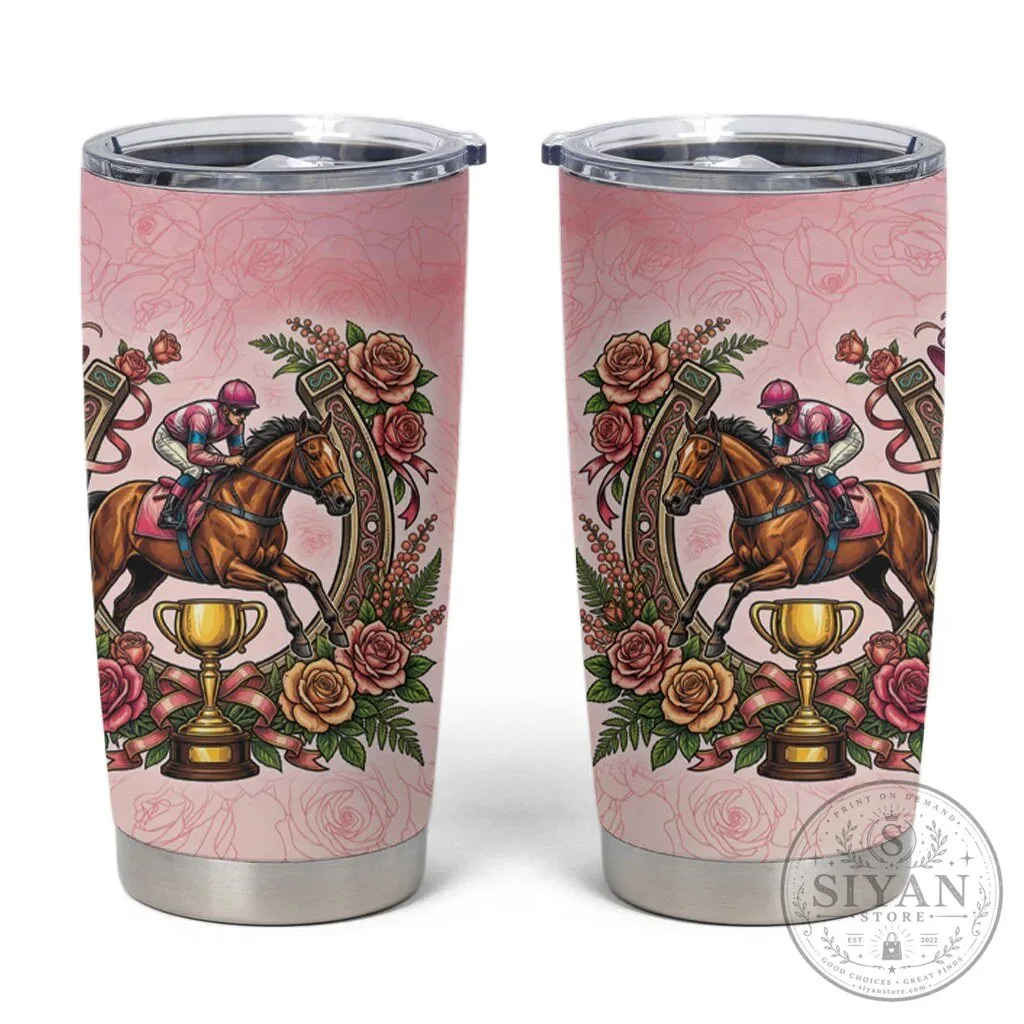Melbourne Horse Racing Jockey Pink Rose Floral Horseshoe Tumbler