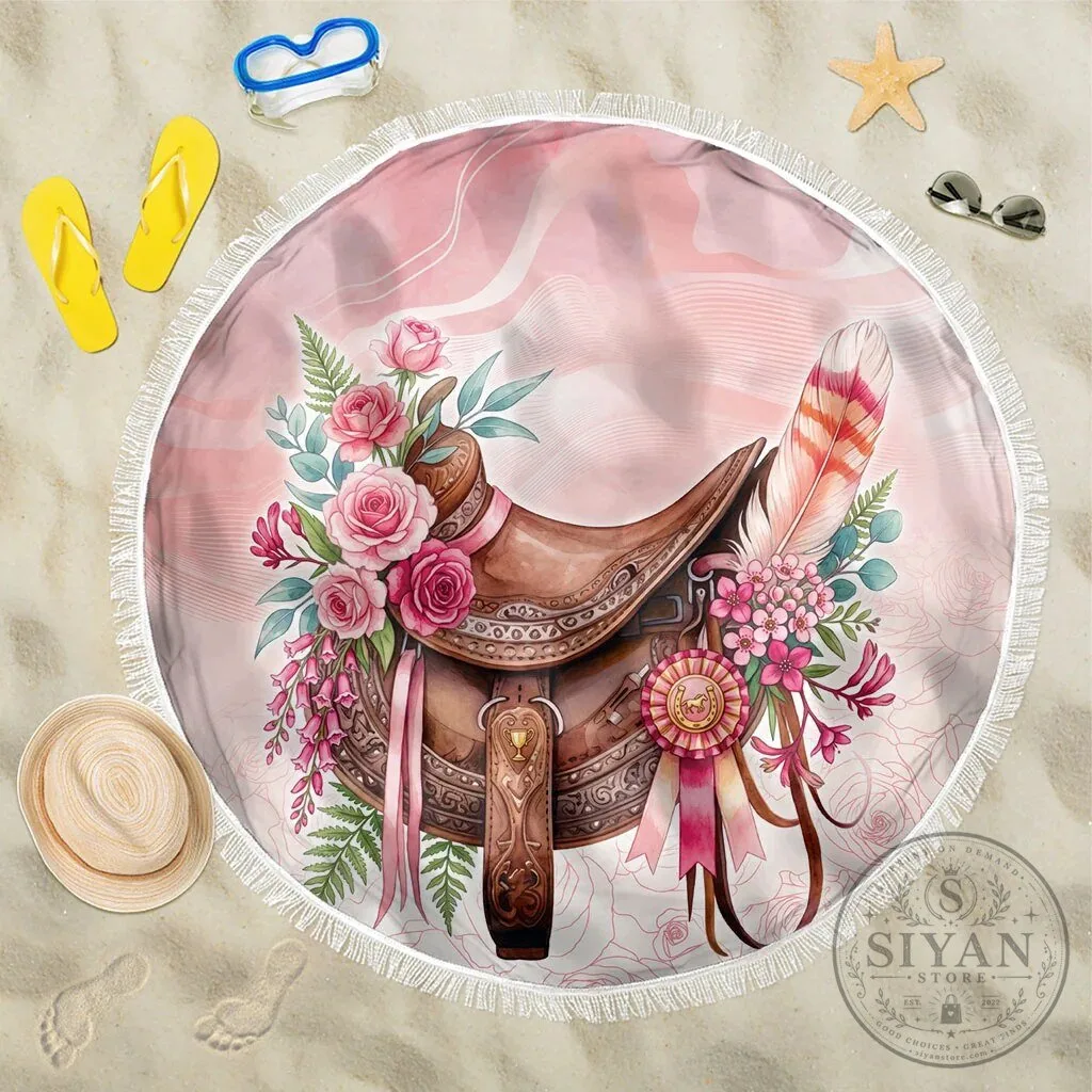 Pink Horse Saddle Floral Round Beach Blanket with Roses and Feathers