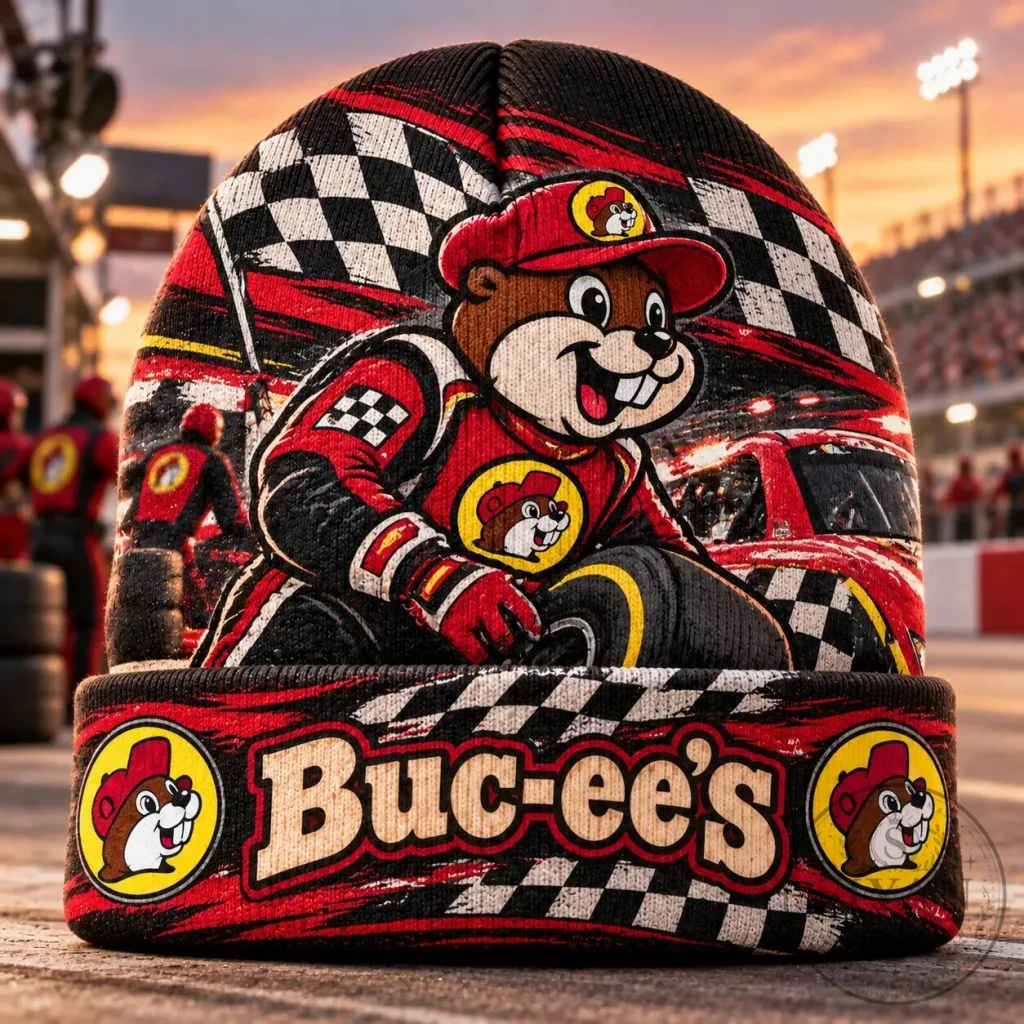 Buc-ee's Racing Beaver Checkered Flag Graphic Knit Beanie Cap Hat Buc-ee's Racing Beaver Checkered Flag Graphic Knit Beanie Cap Hat