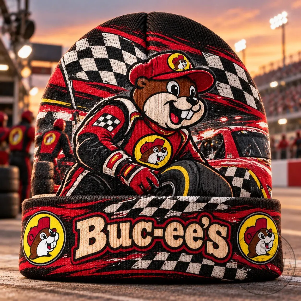 Buc-ee's Racing Beaver Checkered Flag Graphic Knit Beanie Cap Hat