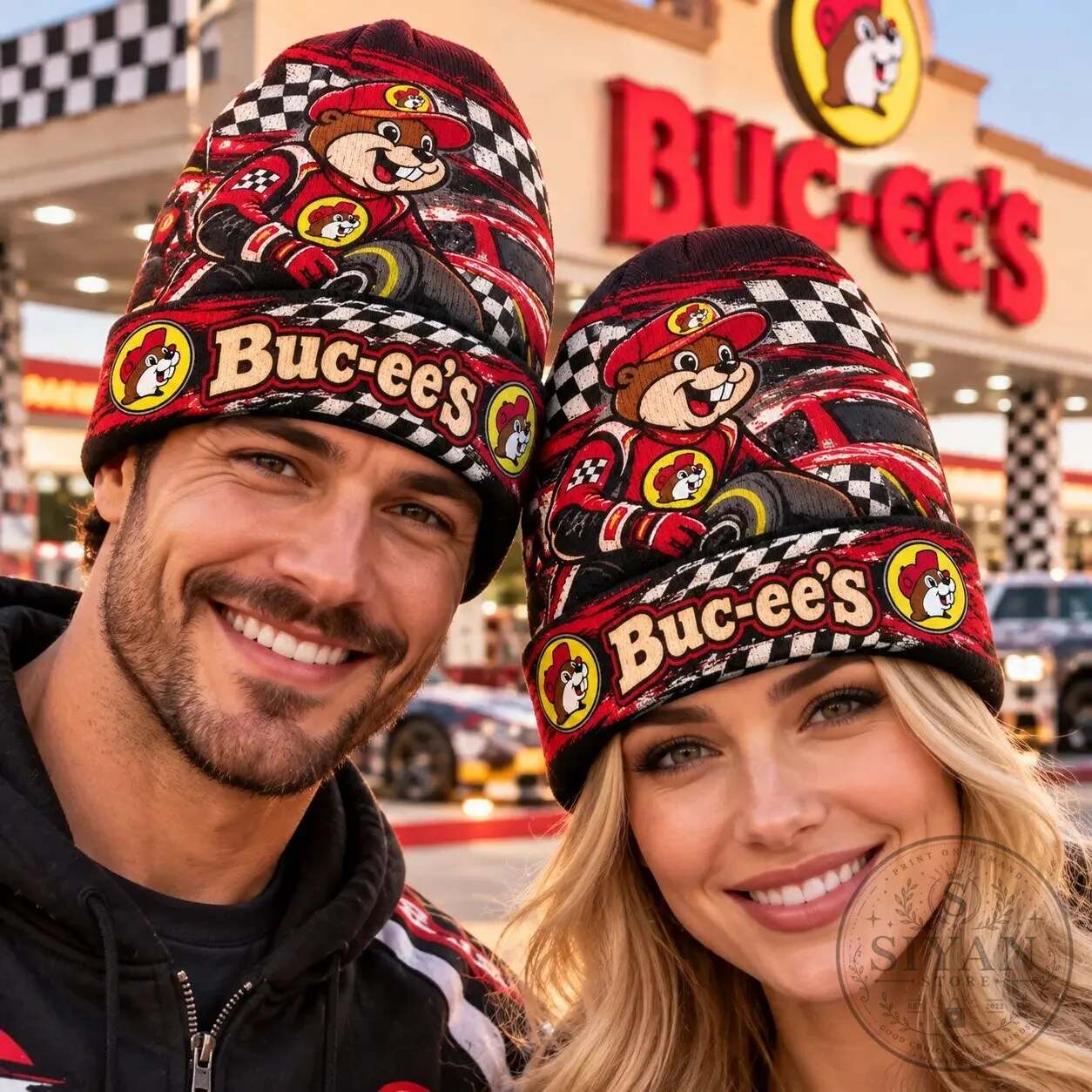 Buc-ee's Racing Beaver Checkered Flag Graphic Knit Beanie Cap Hat 7 Buc-ee