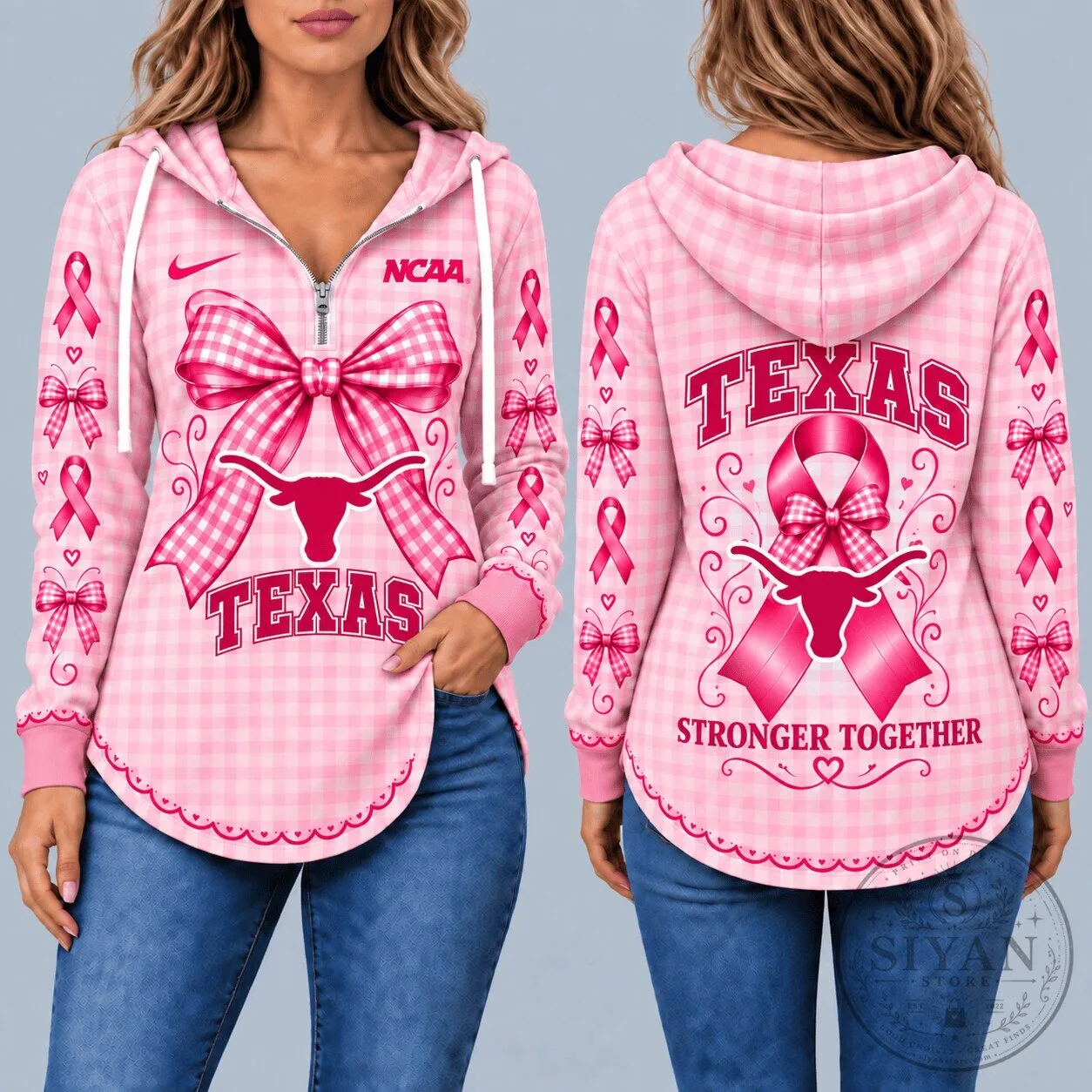 Texas Longhorns Breast Cancer Awareness Pink Gingham Half-Zip Hoodie