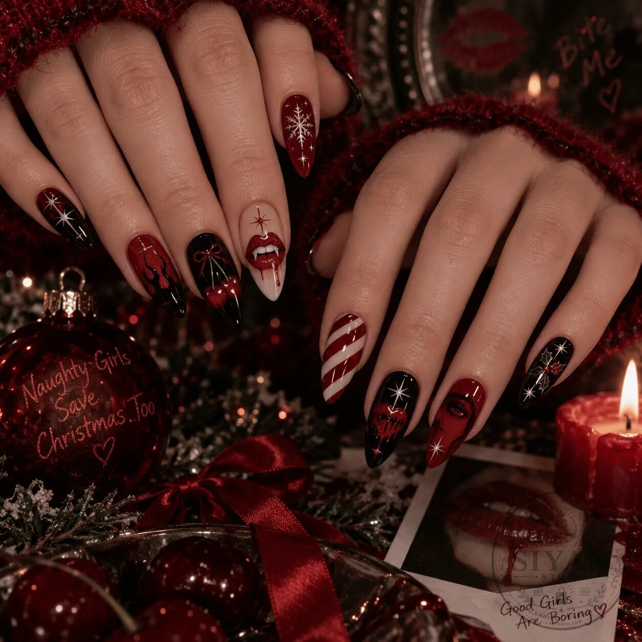 Christmas Vampire Fangs Press On Nails Set with Snowflake and Candy Cane Designs