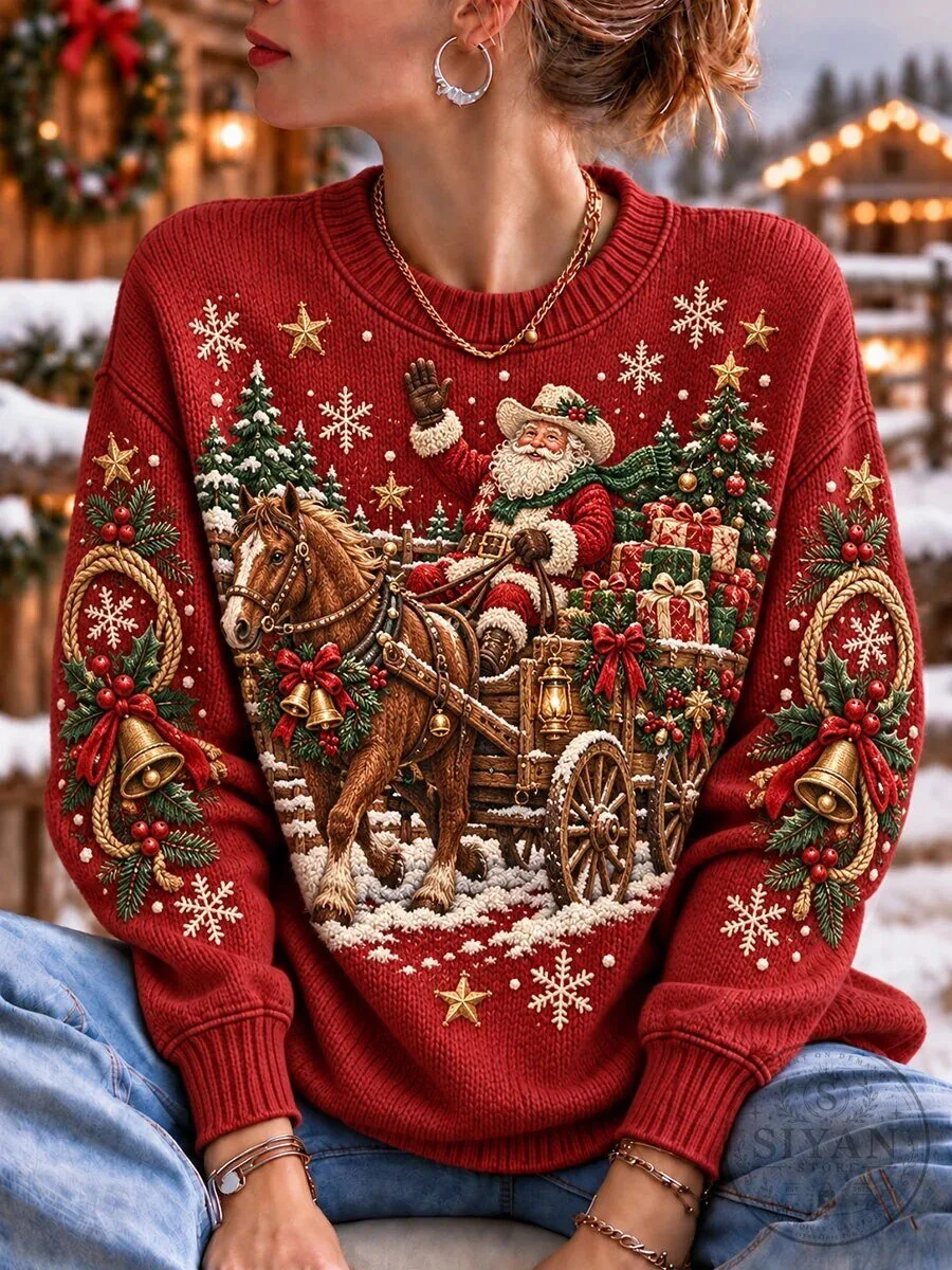 Western Santa Claus Sleigh Ride Christmas Holiday Knit Style Sweatshirt