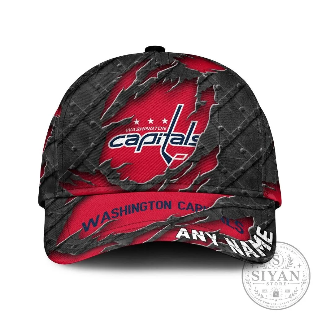 Washington Capitals Personalized Name Black Metal Design Baseball Cap Hat