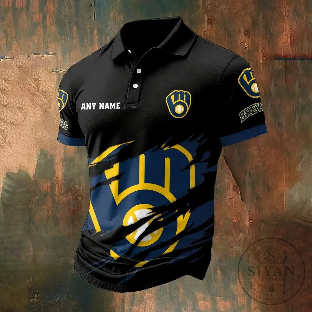 Milwaukee Brewers Personalized Name Black and Blue Baseball Polo Shirt