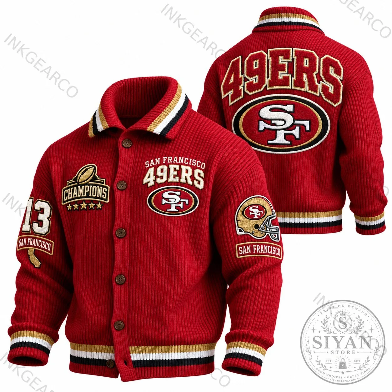 San Francisco 49ers Champions Red Knit Button Up Varsity Jacket