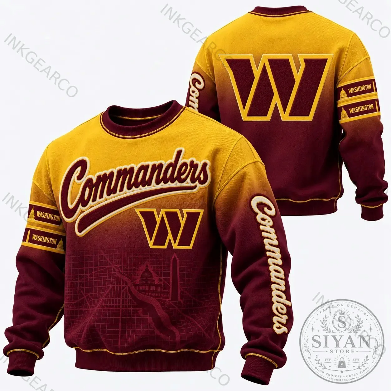 Washington Commanders Football Team Gold and Burgundy Crewneck Sweatshirt