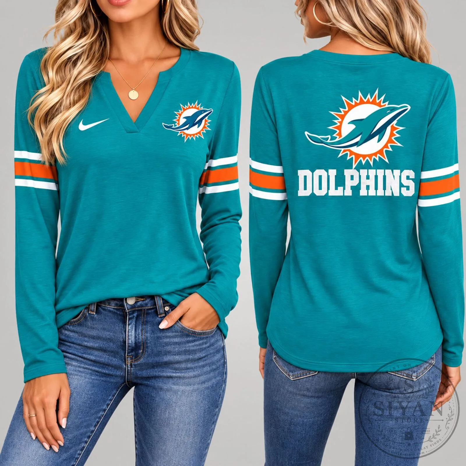 Miami Dolphins Women's Teal V-Neck Long Sleeve T-Shirt