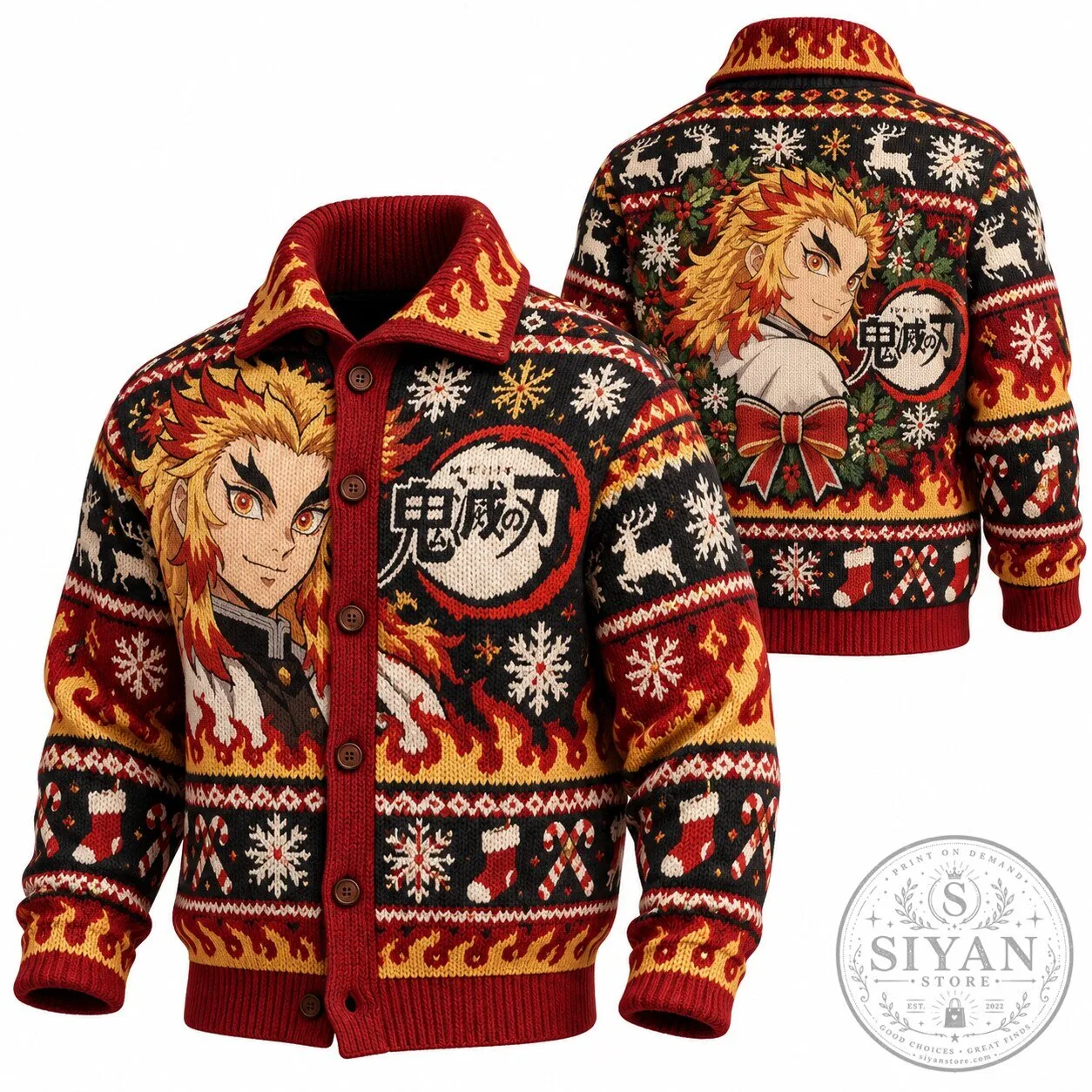 Demon Slayer Rengoku Kyojuro Christmas Holiday Knitted Ugly Sweater Cardigan