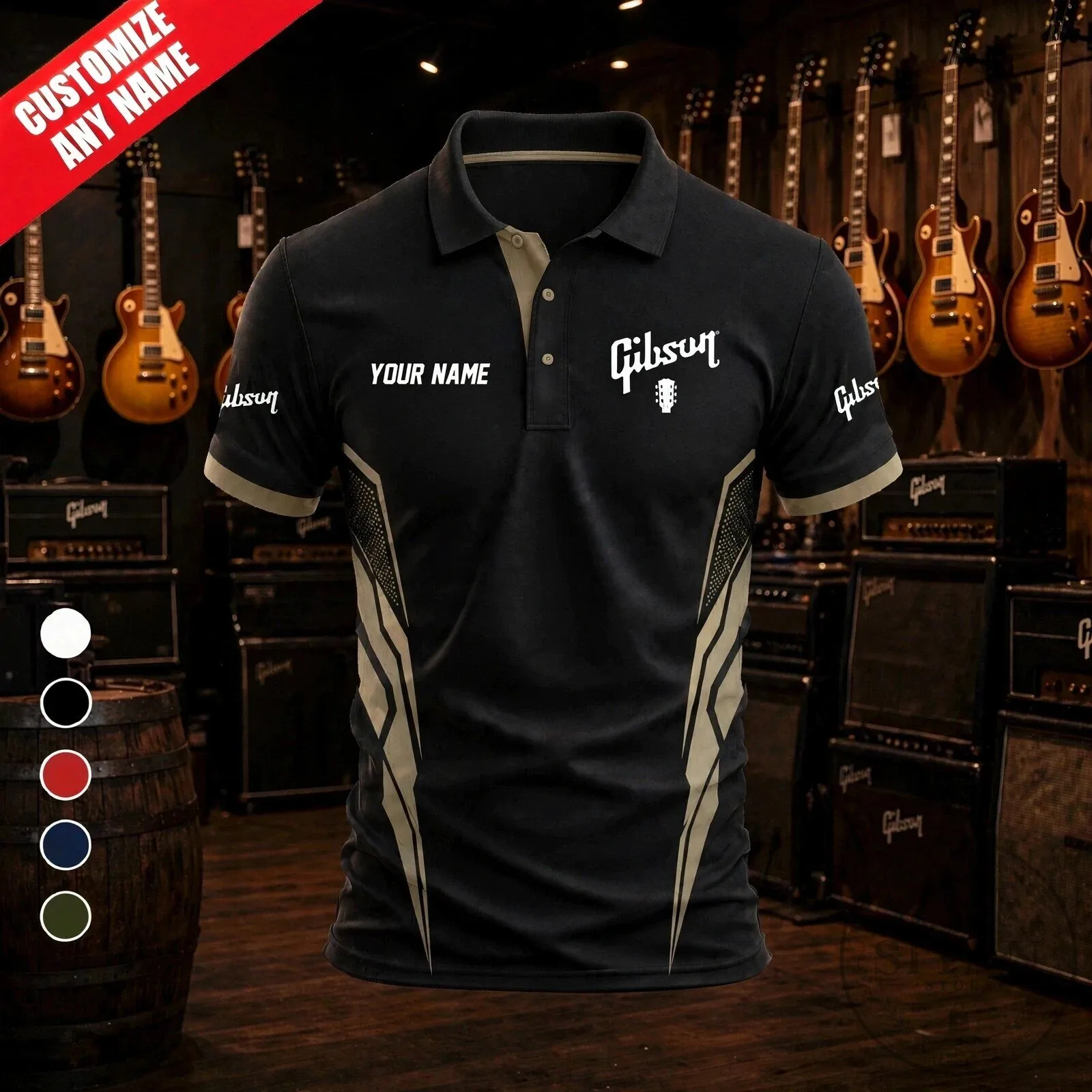 Personalized Gibson Guitar Logo Black and Gold Polo Shirt 5 Personalized Gibson Guitar Logo Black and Gold Polo Shirt