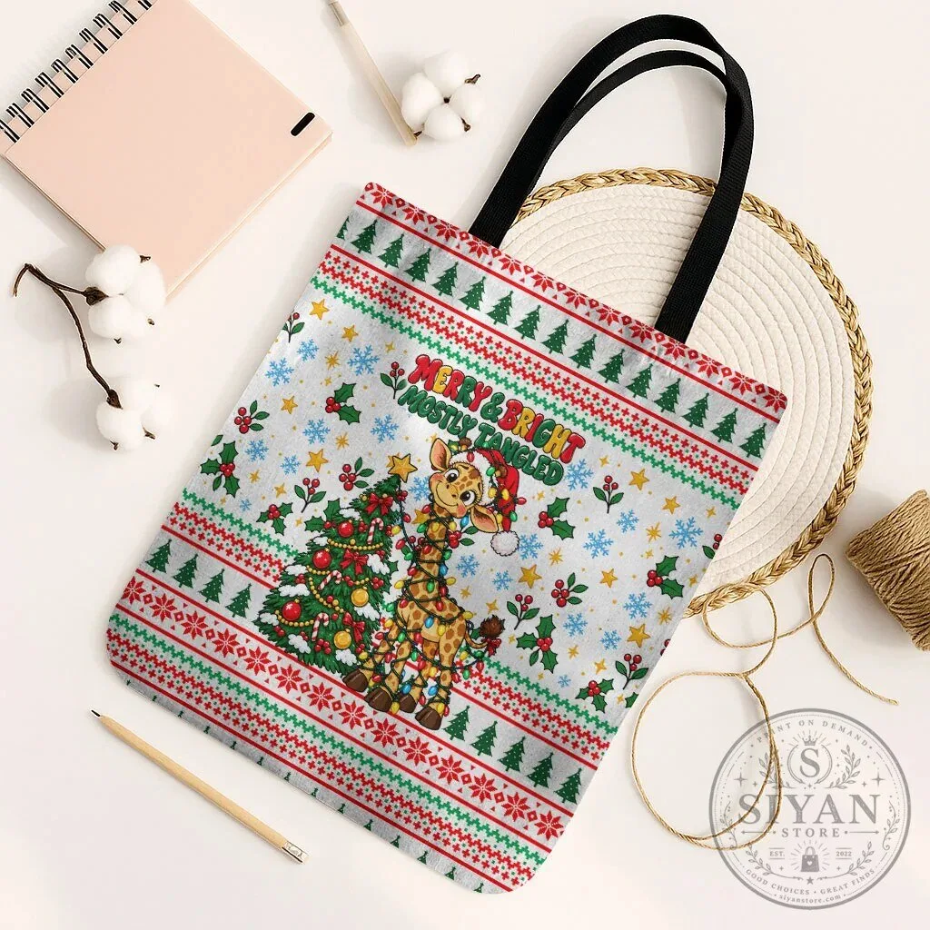 Merry And Bright Mostly Tangled Christmas Giraffe Lights Holiday Tote Bag 6 Merry And Bright Mostly Tangled Christmas Giraffe Lights Holiday Tote Bag