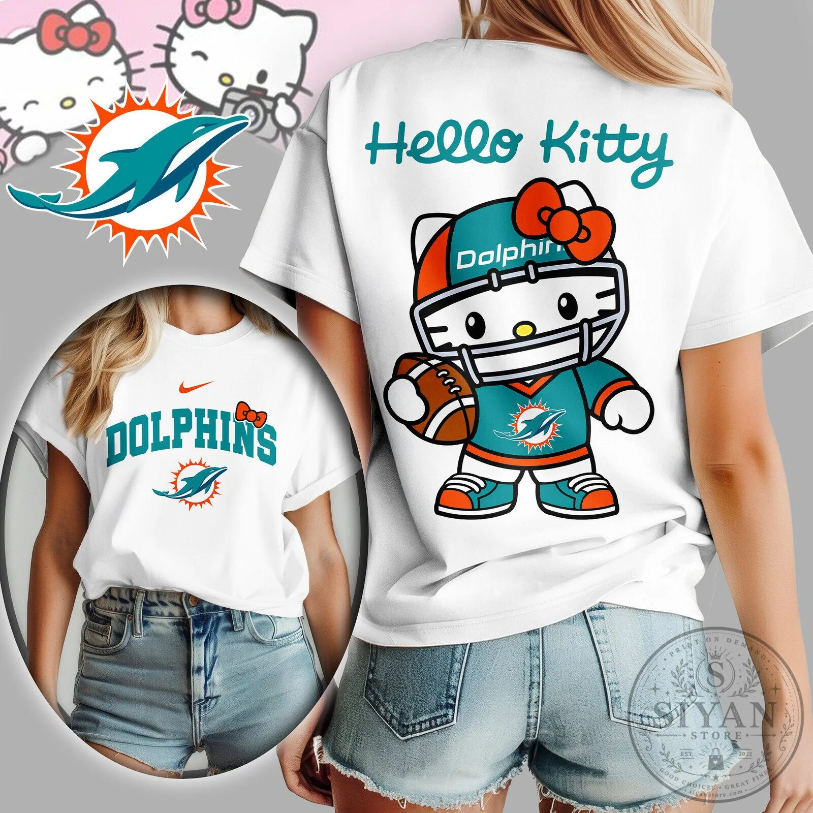 Miami Dolphins Hello Kitty Football Fan White Women's T-Shirt
