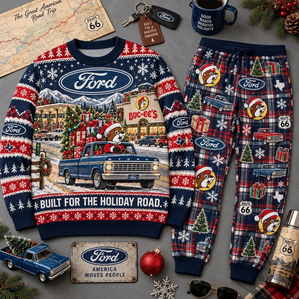 Ford Buc-ee's Christmas Holiday Road Sweater and Jogger Pants Set 1 Ford Buc-ee's Christmas Holiday Road Sweater and Jogger Pants Set