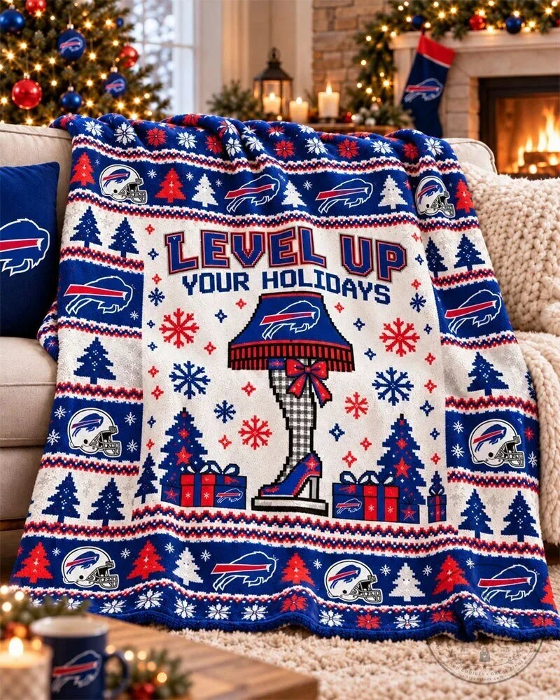 Buffalo Bills Level Up Your Holidays Christmas Tree Pattern Blanket