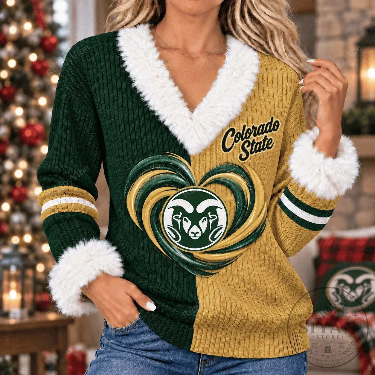 Colorado State Rams Heart Logo Fur Trim V-Neck Pullover Sweater