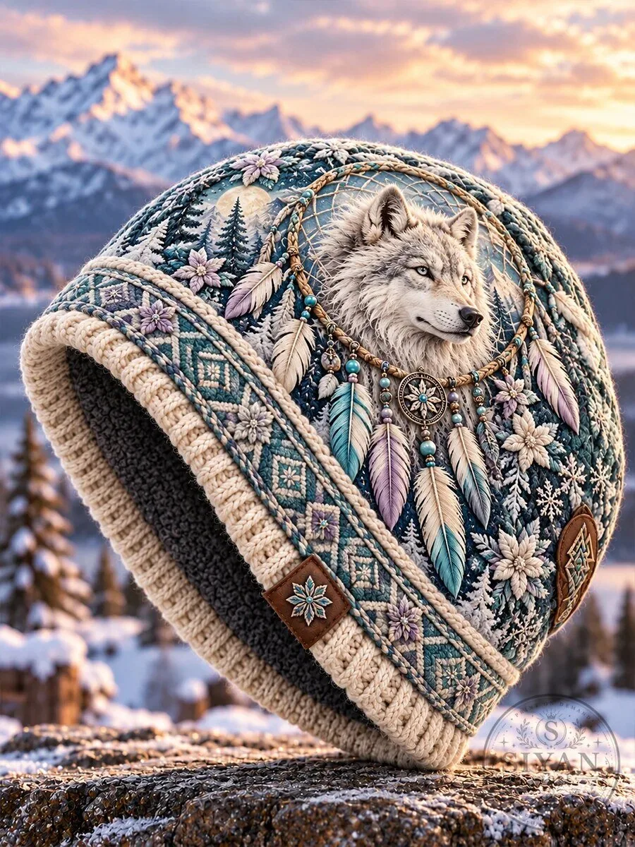 Winter Wolf Dream Catcher Design Knitted Beanie Hat for Cold Weather