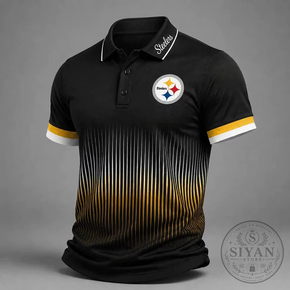 Pittsburgh Steelers Black and Gold Striped Design Football Polo Shirt