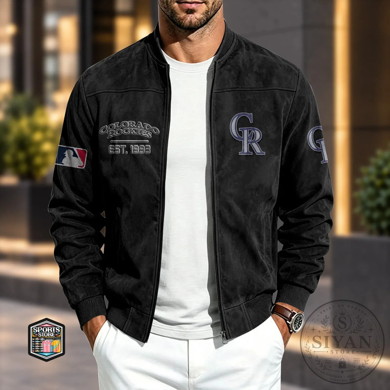 Colorado Rockies Baseball Team Logo Black Bomber Jacket