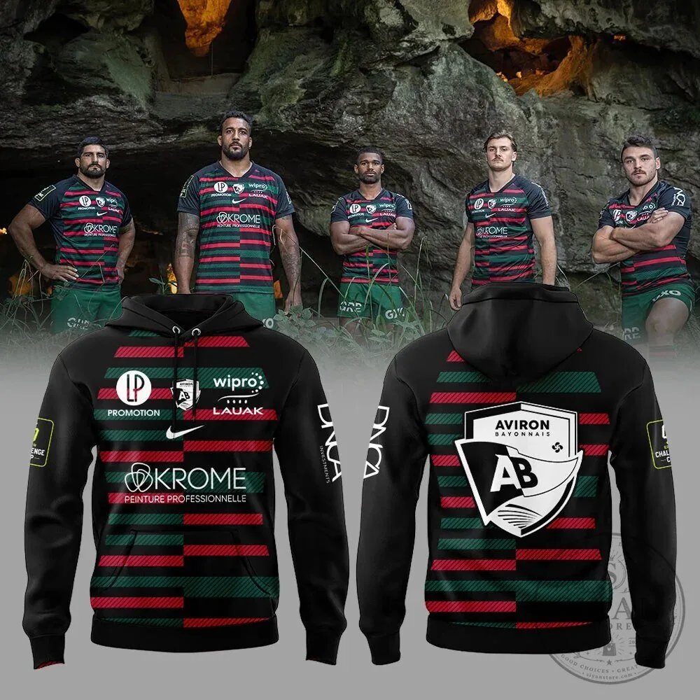 Aviron Bayonnais Rugby Team Black and Green Striped Hoodie
