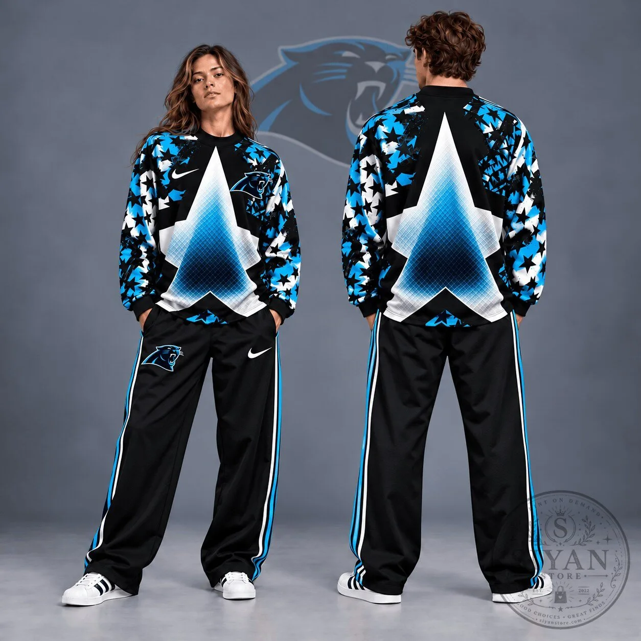 Carolina Panthers Distressed Starburst Chevron Crewneck Sweatshirt