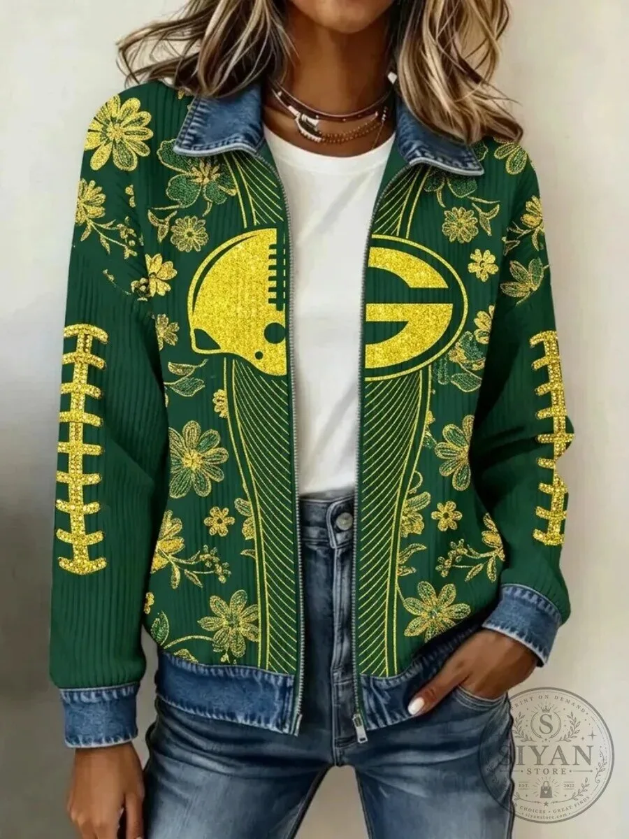Green Bay Packers Floral Pattern Casual Full-Zip Jacket for Women