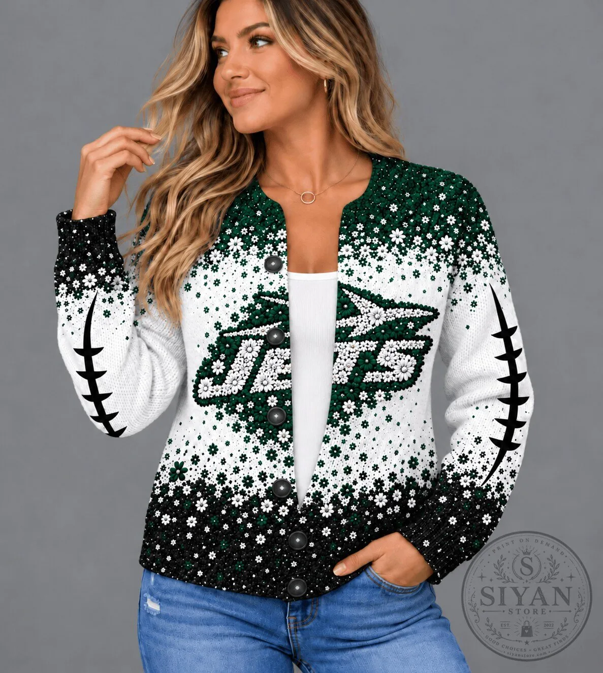 New York Jets NFL Floral Football Fan Cardigan Sweater for Women