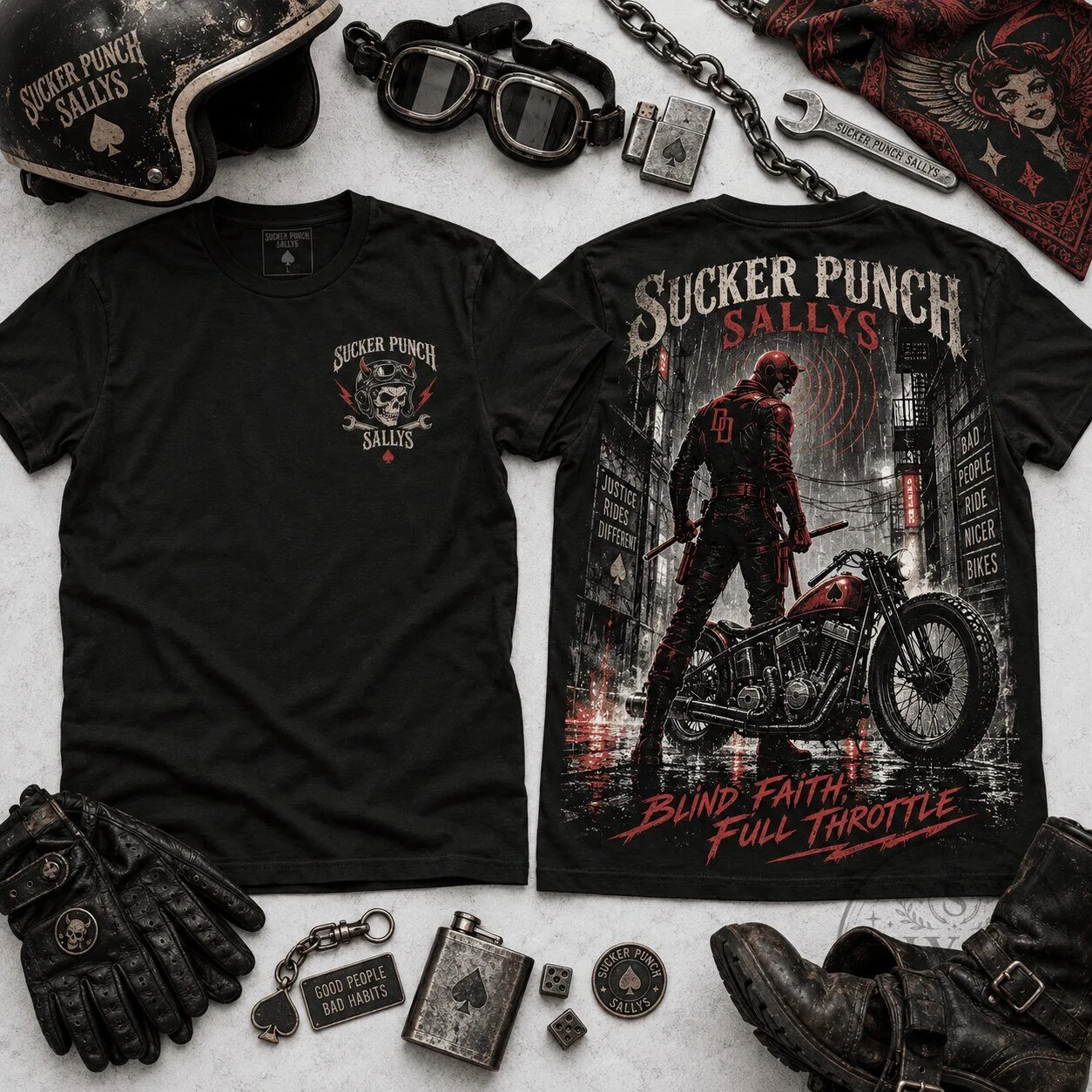 Sucker Punch Sallys Daredevil Blind Faith Full Throttle Motorcycle T-Shirt