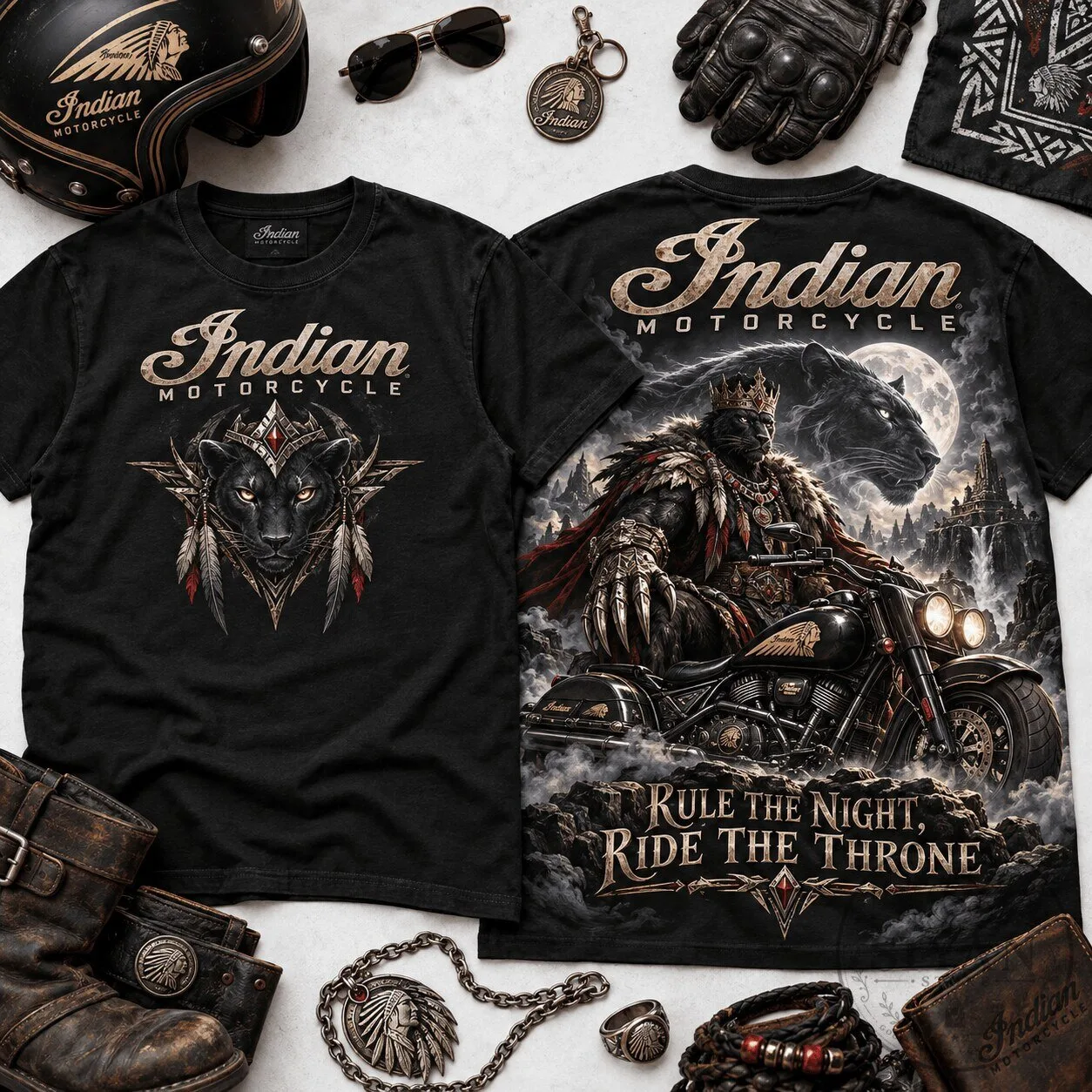 Indian Motorcycle Black Panther Rule The Night Ride The Throne Graphic T-Shirt