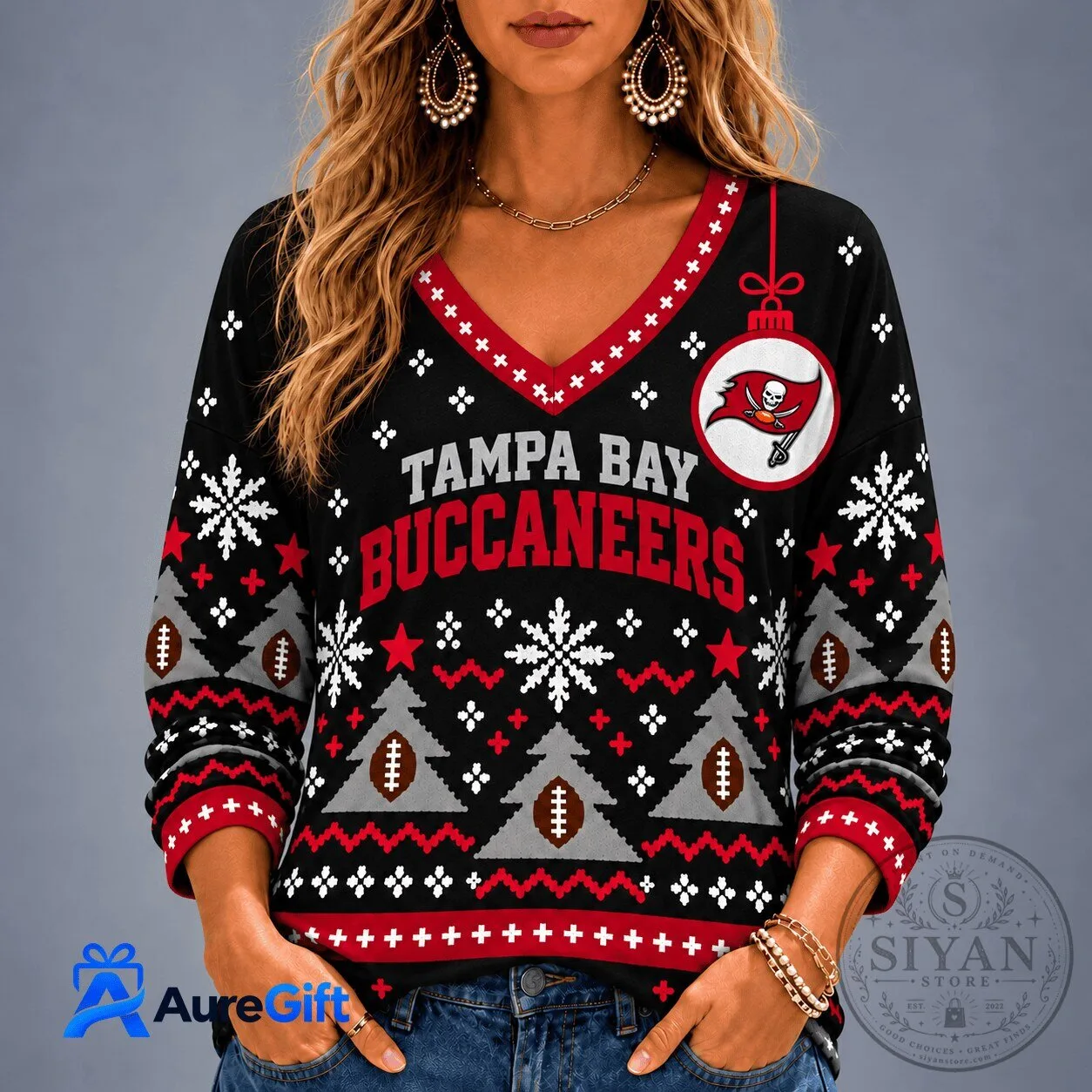 Tampa Bay Buccaneers Christmas Snowflakes Football Ugly Sweater Long-Sleeve