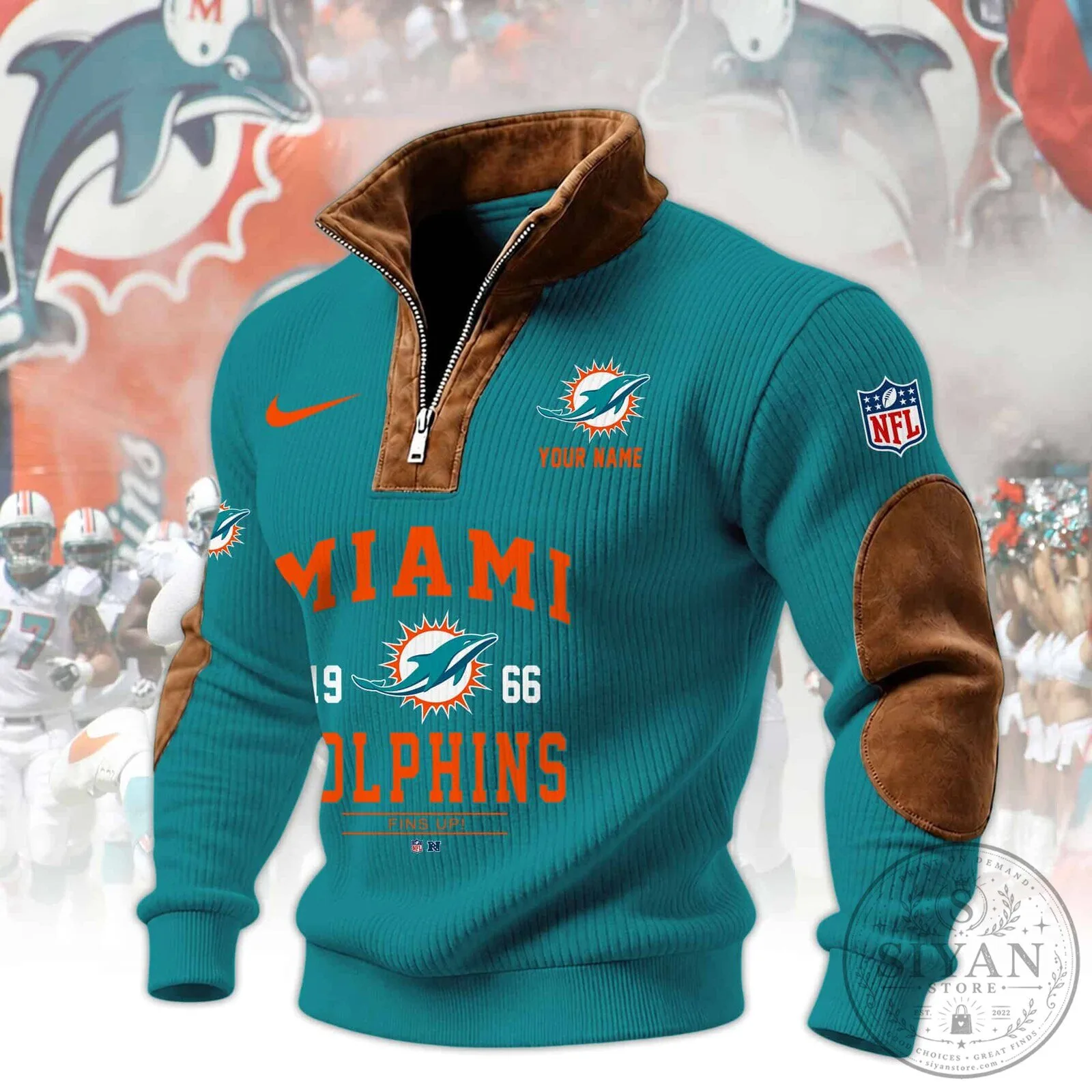 Miami Dolphins Classic Quarter-Zip Pullover Sweatshirt with Faux Leather Accents