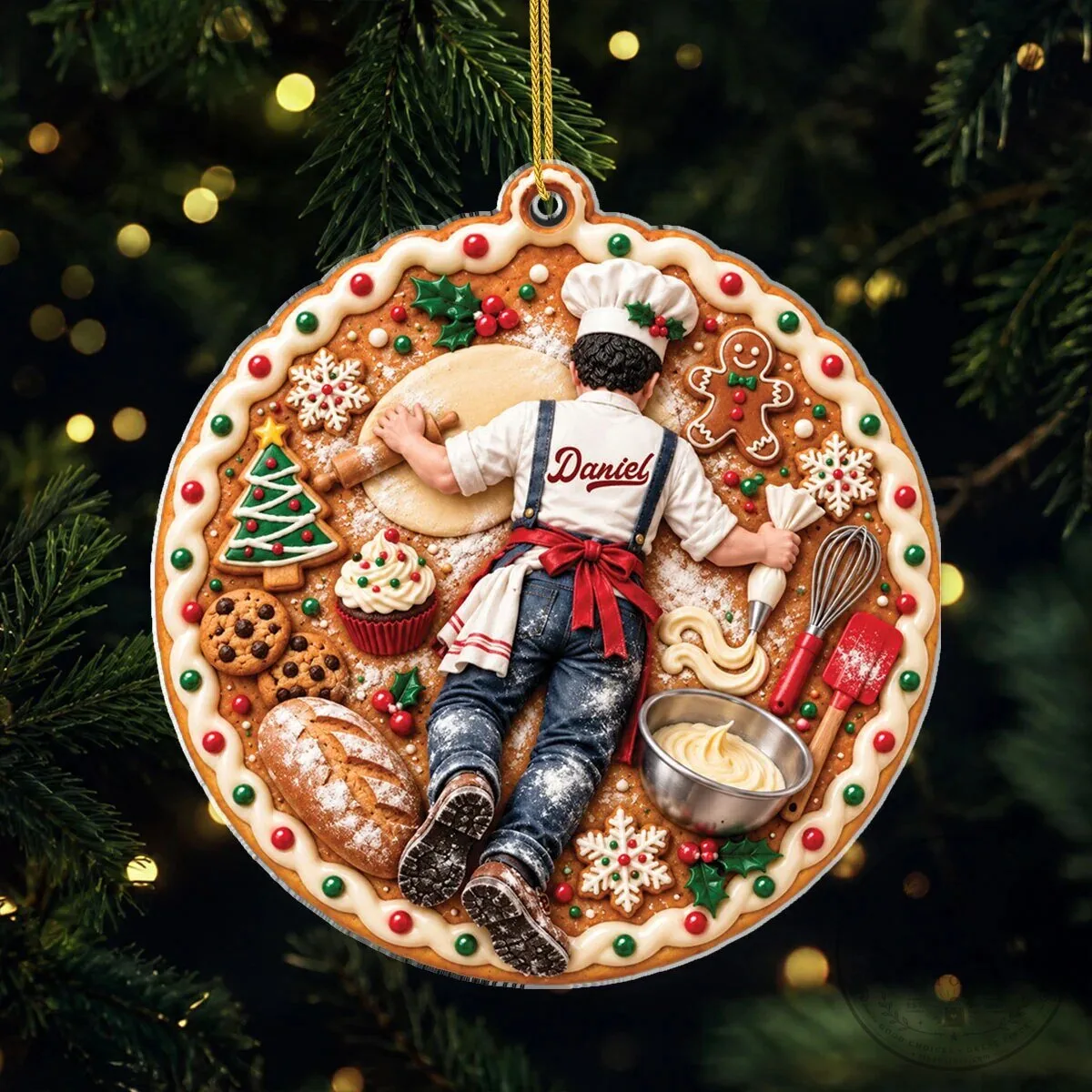 Personalized Baker Making Christmas Cookies Gingerbread Round Ornament