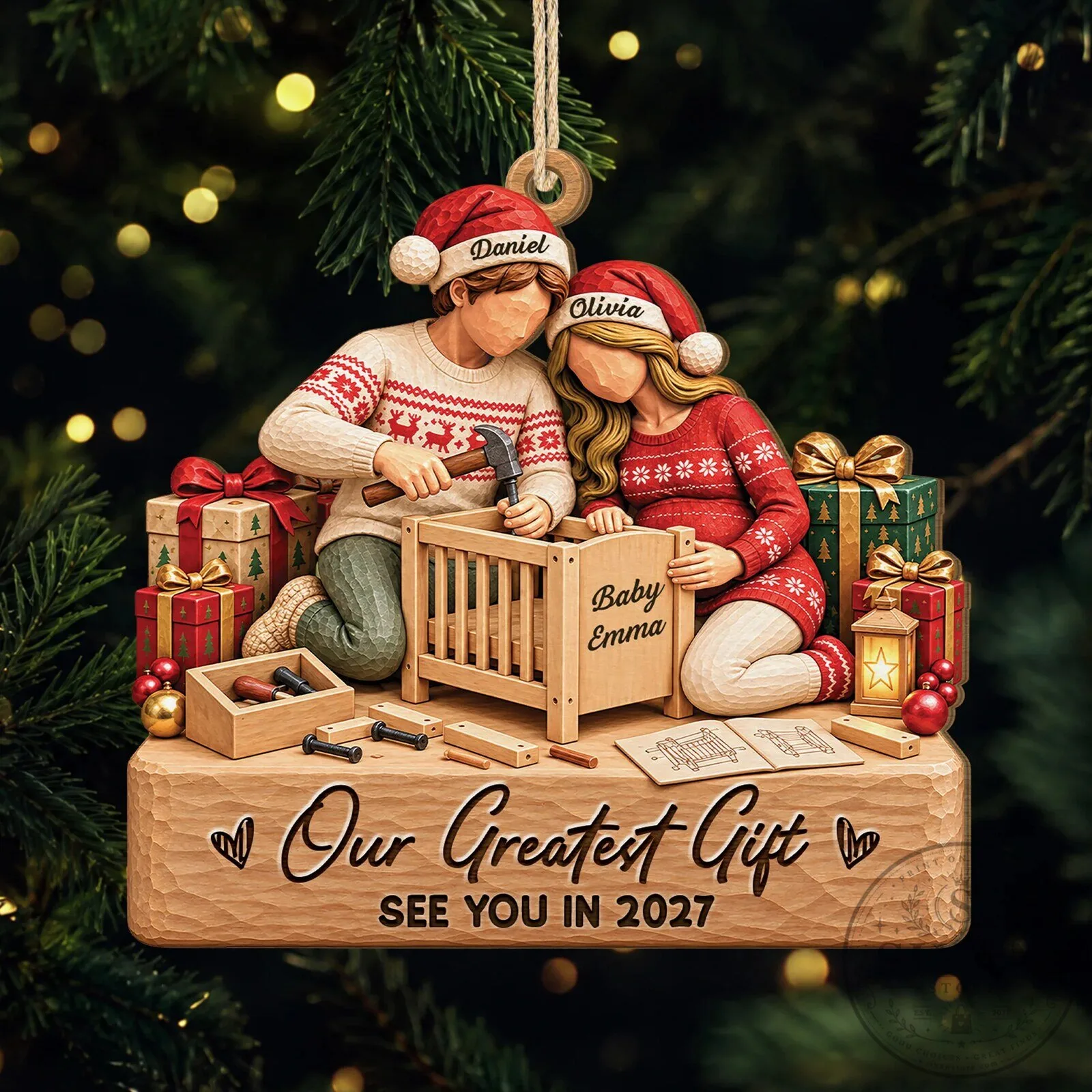 Personalized Expecting Couple Building Crib Our Greatest Gift Christmas Ornament