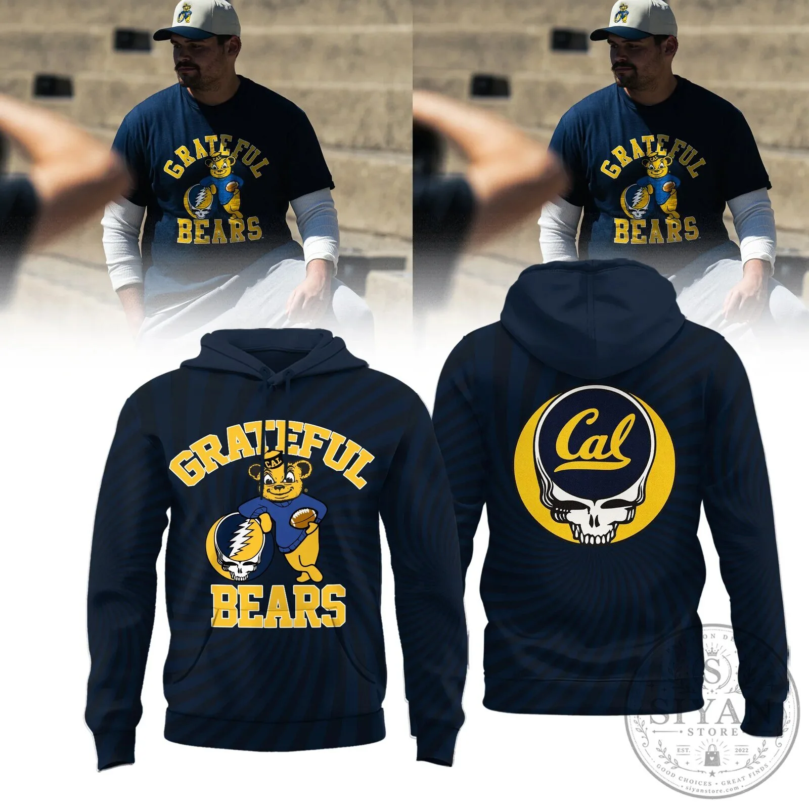 Navy Hoodie with Grateful Dead Bears Mascot for Cal Football Supporters