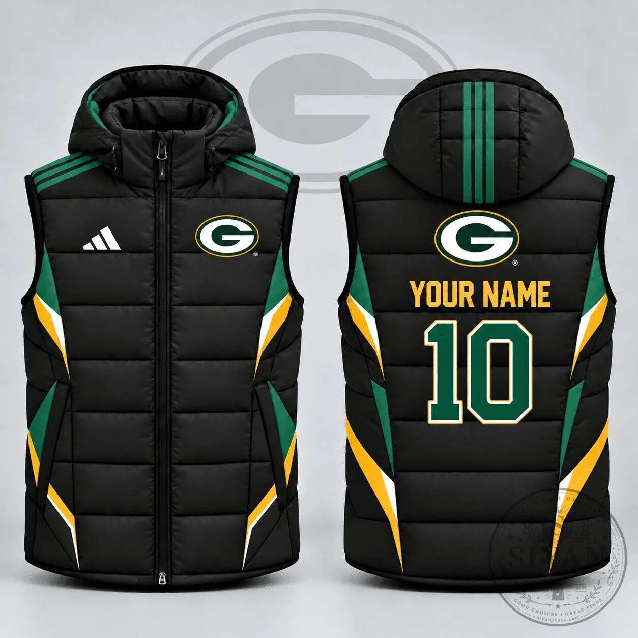 Green Bay Packers Custom Name Number Athletic Stripe Hooded Vest 9 Green Bay Packers Custom Name Number Athletic Stripe Hooded Vest