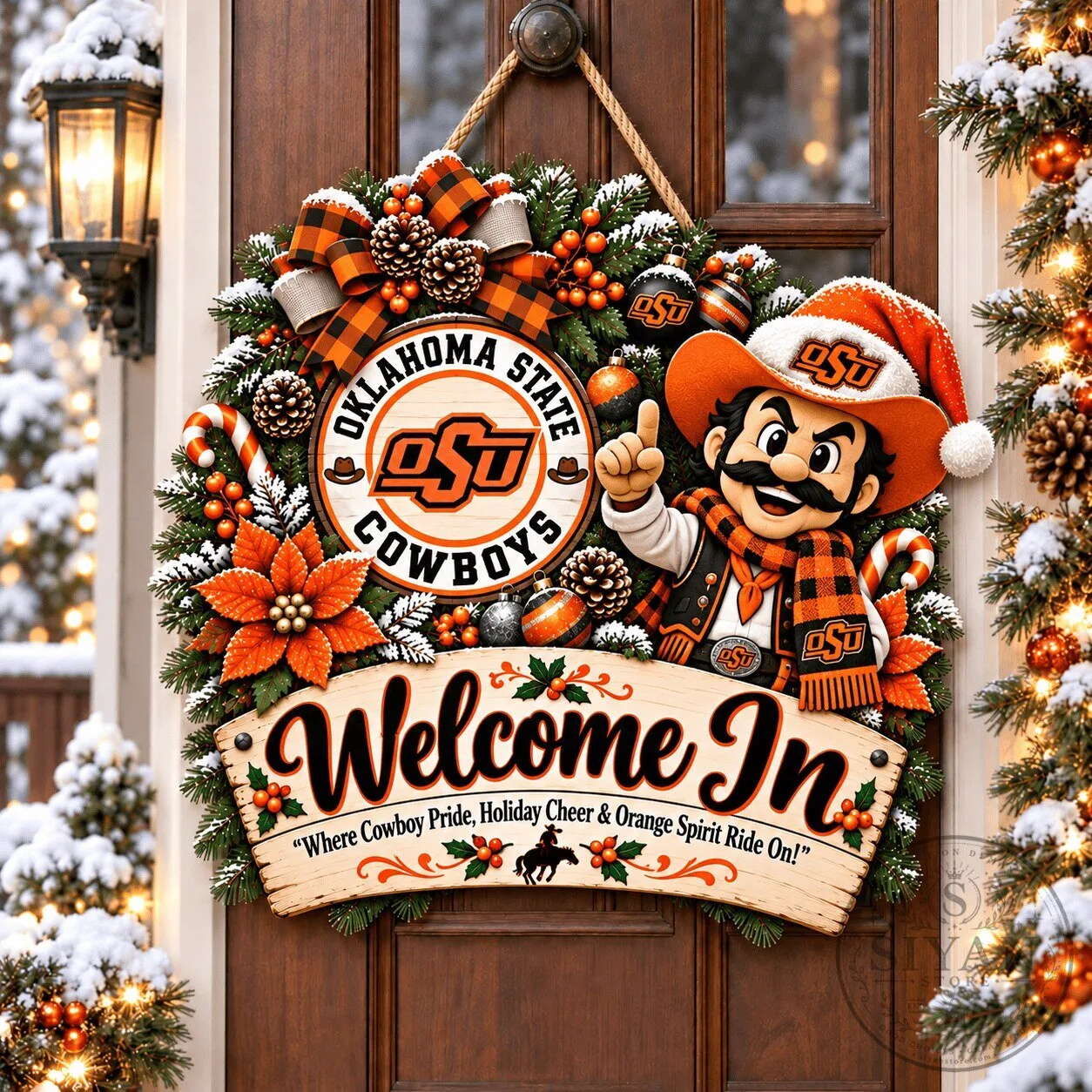 Oklahoma State Cowboys Mascot Christmas Welcome Door Hanger Sign