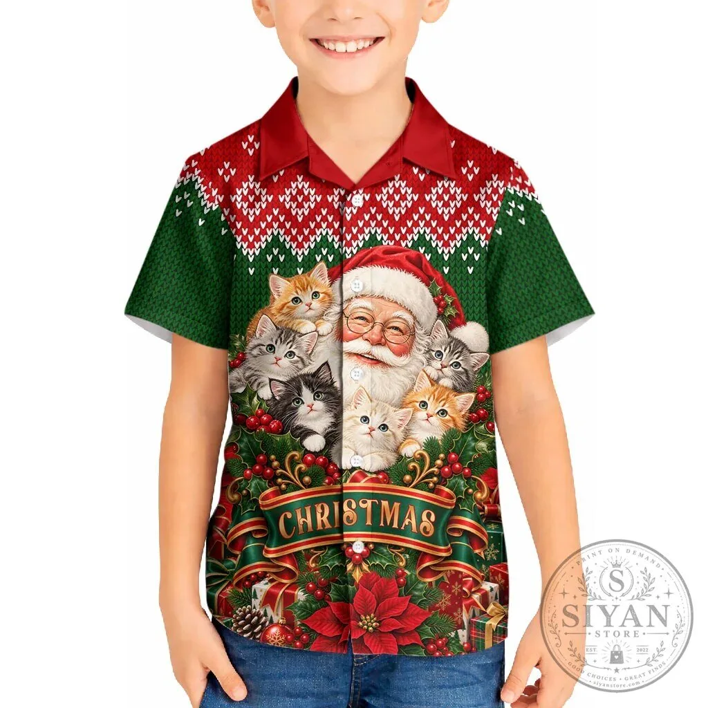 Santa Claus Kittens Christmas Holiday Hawaiian Shirt for Kids