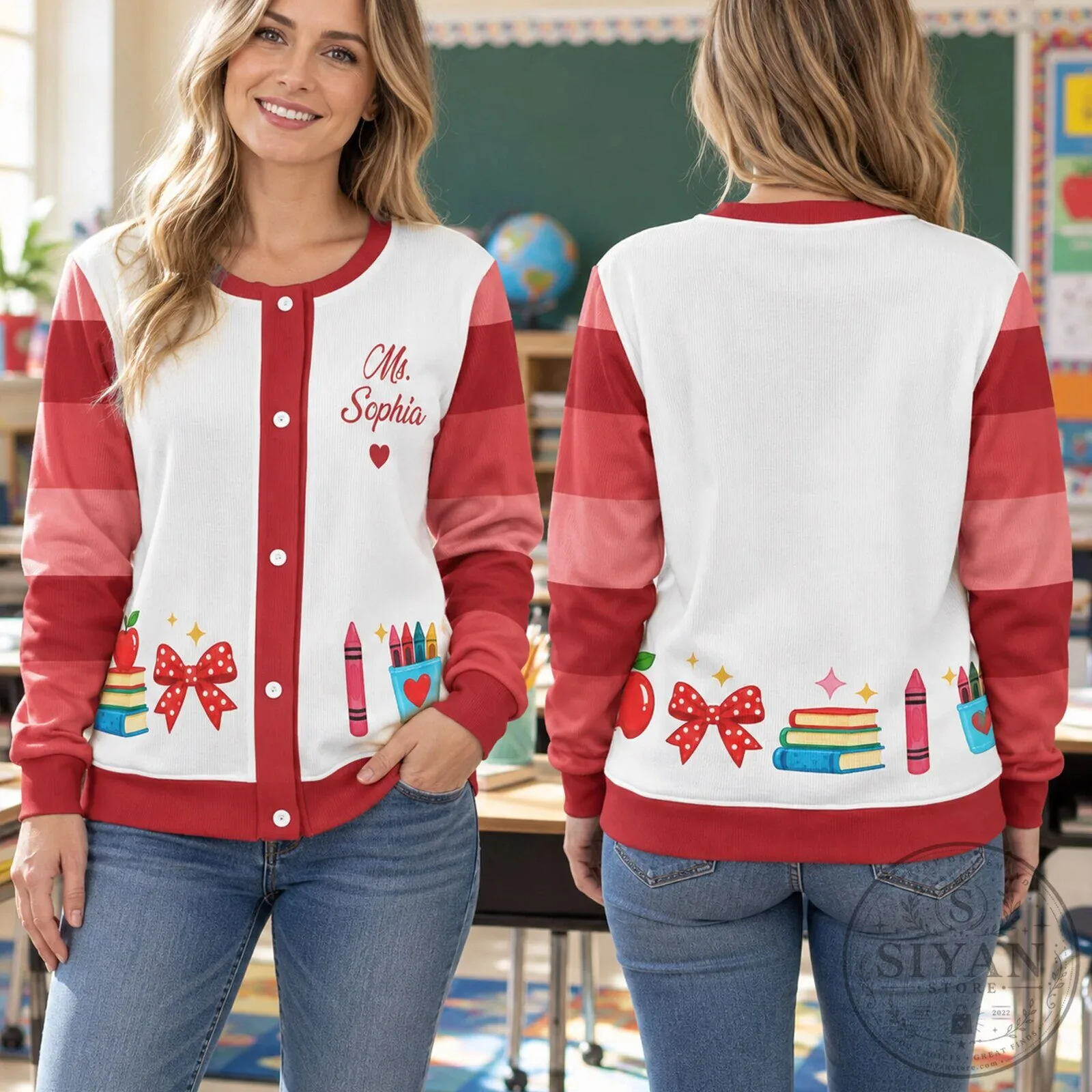 Personalized Teacher Cardigan with Custom Name for Women, School Supplies Design 11 Personalized Teacher Cardigan with Custom Name for Women, School Supplies Design
