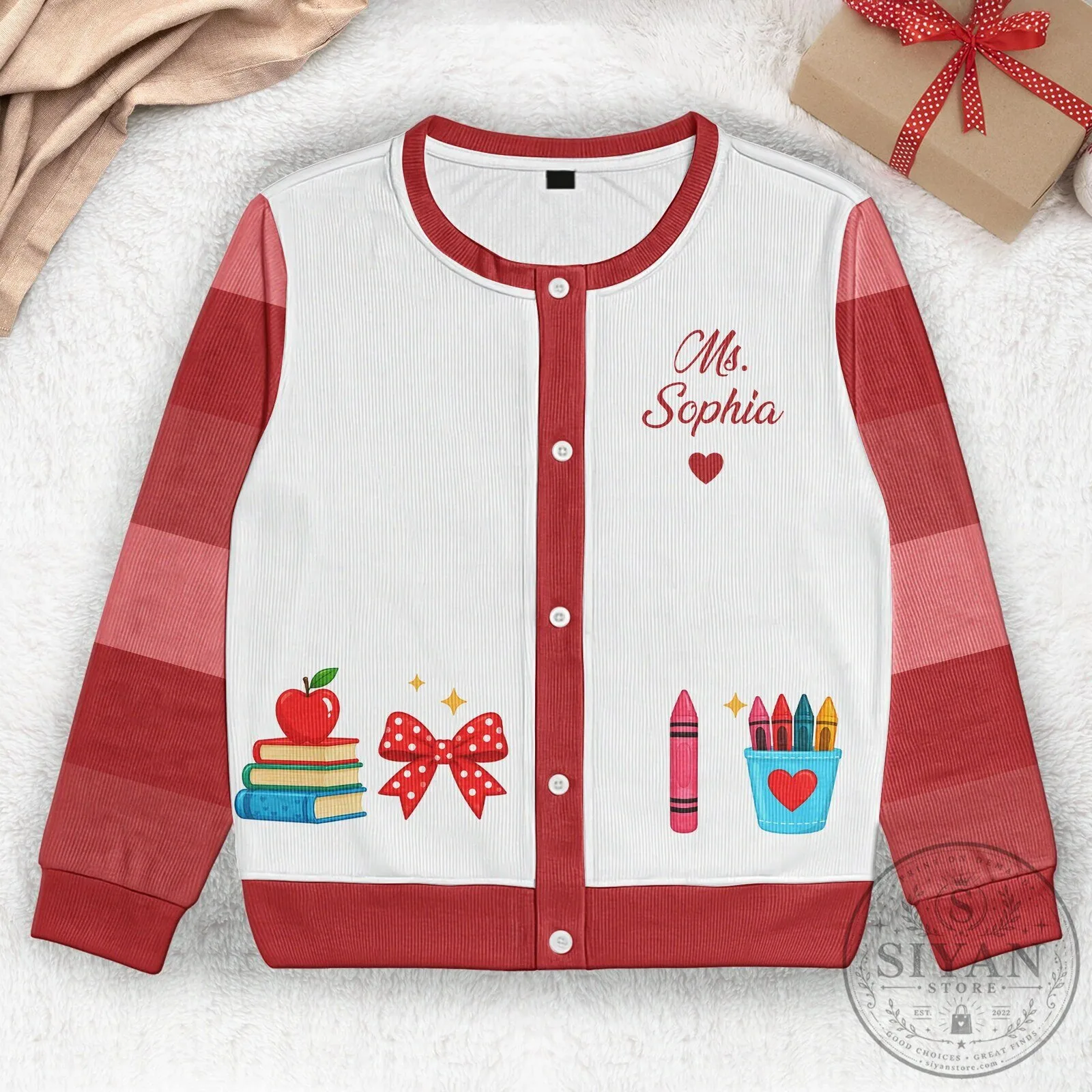 Personalized Teacher Cardigan with Custom Name for Women, School Supplies Design 12 Personalized Teacher Cardigan with Custom Name for Women, School Supplies Design