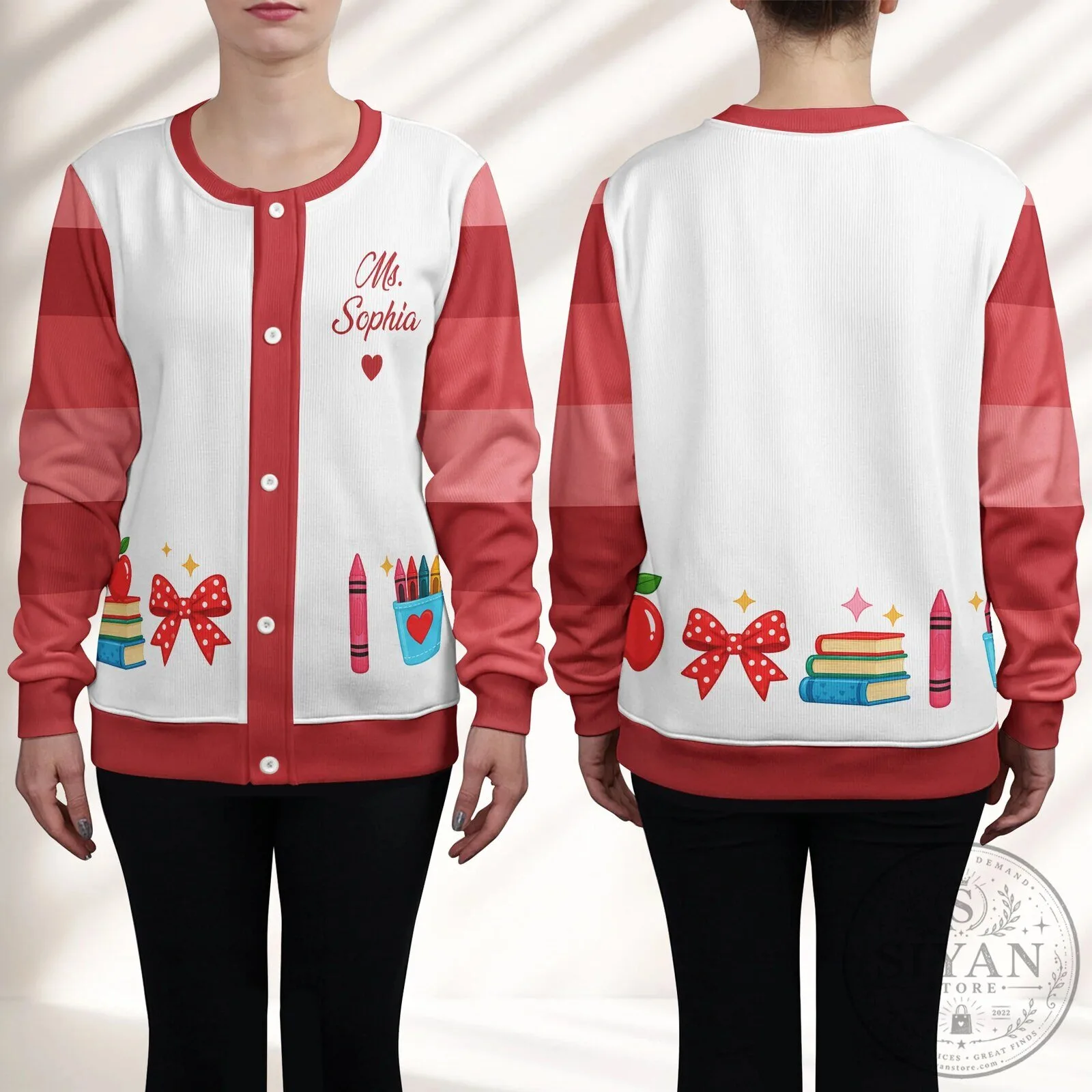 Personalized Teacher Cardigan with Custom Name for Women, School Supplies Design 13 Personalized Teacher Cardigan with Custom Name for Women, School Supplies Design